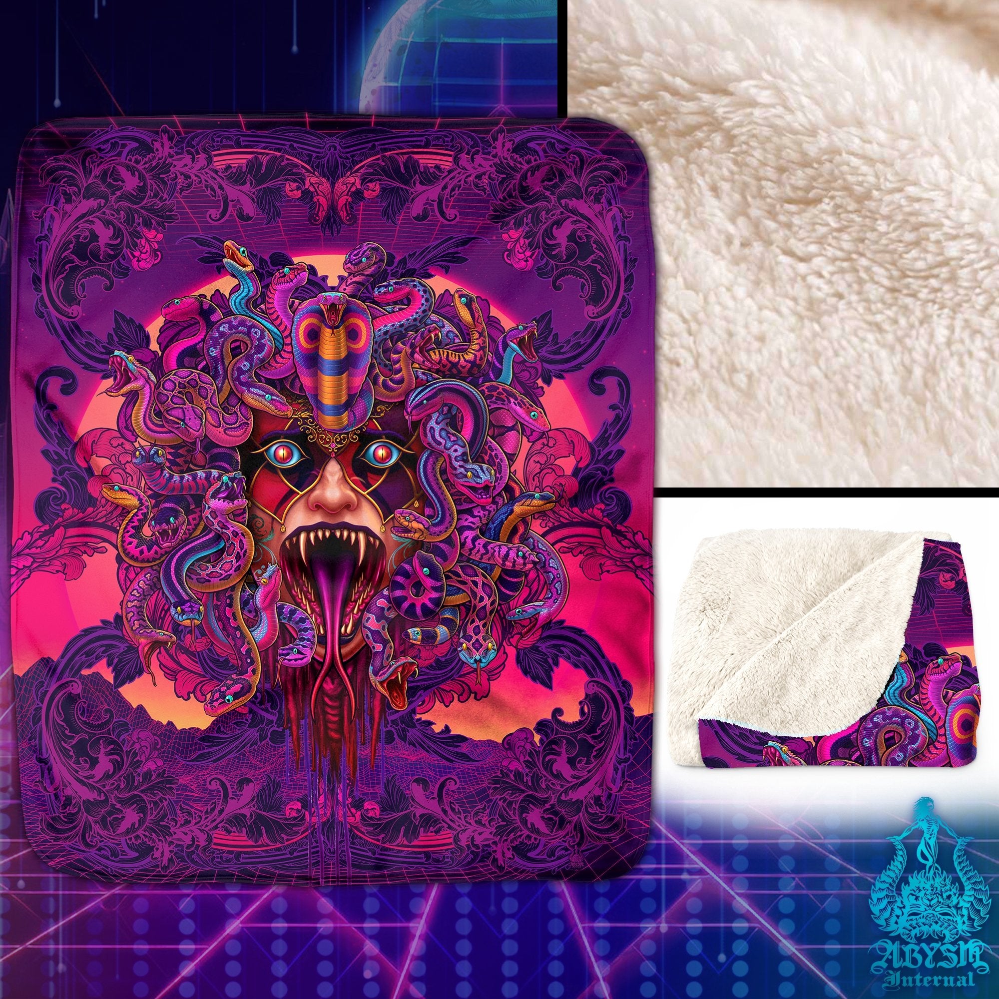 Psychedelic Throw Fleece Blanket, Synthwave Art, Vaporwave Home Decor, 80s Retrowave, Eclectic and Funky Gift for Kids - Medusa Scream - Abysm Internal