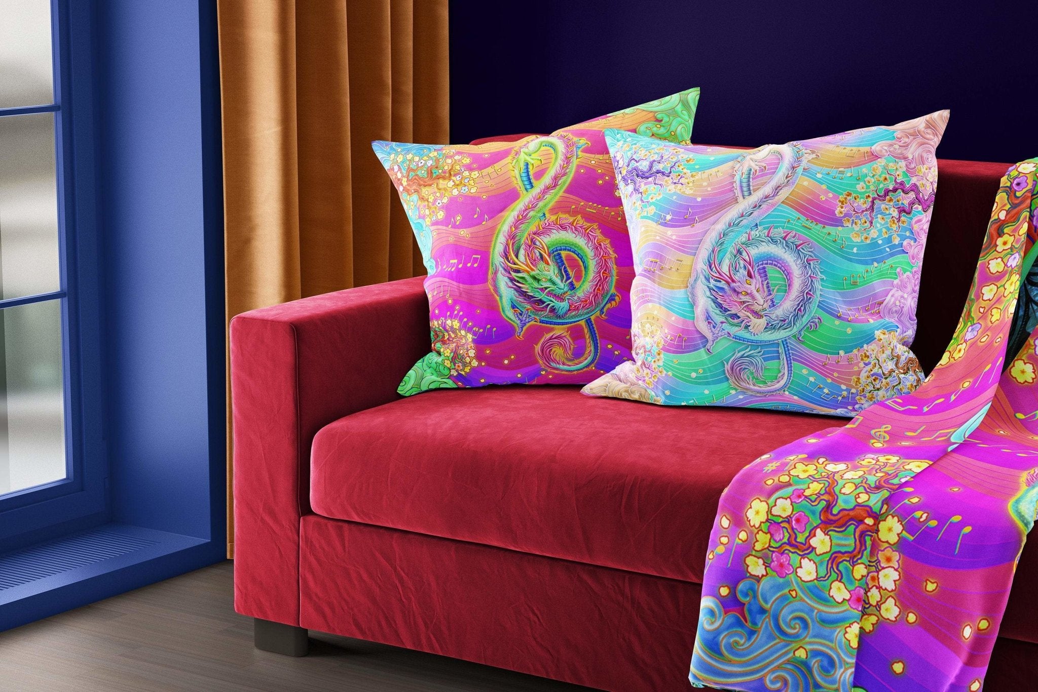 Psychedelic Throw Pillow, Decorative Accent Cushion, Eclectic Home Decor, Music Room, Kidcore - Treble Clef, Psy Neon Dragon - Abysm Internal