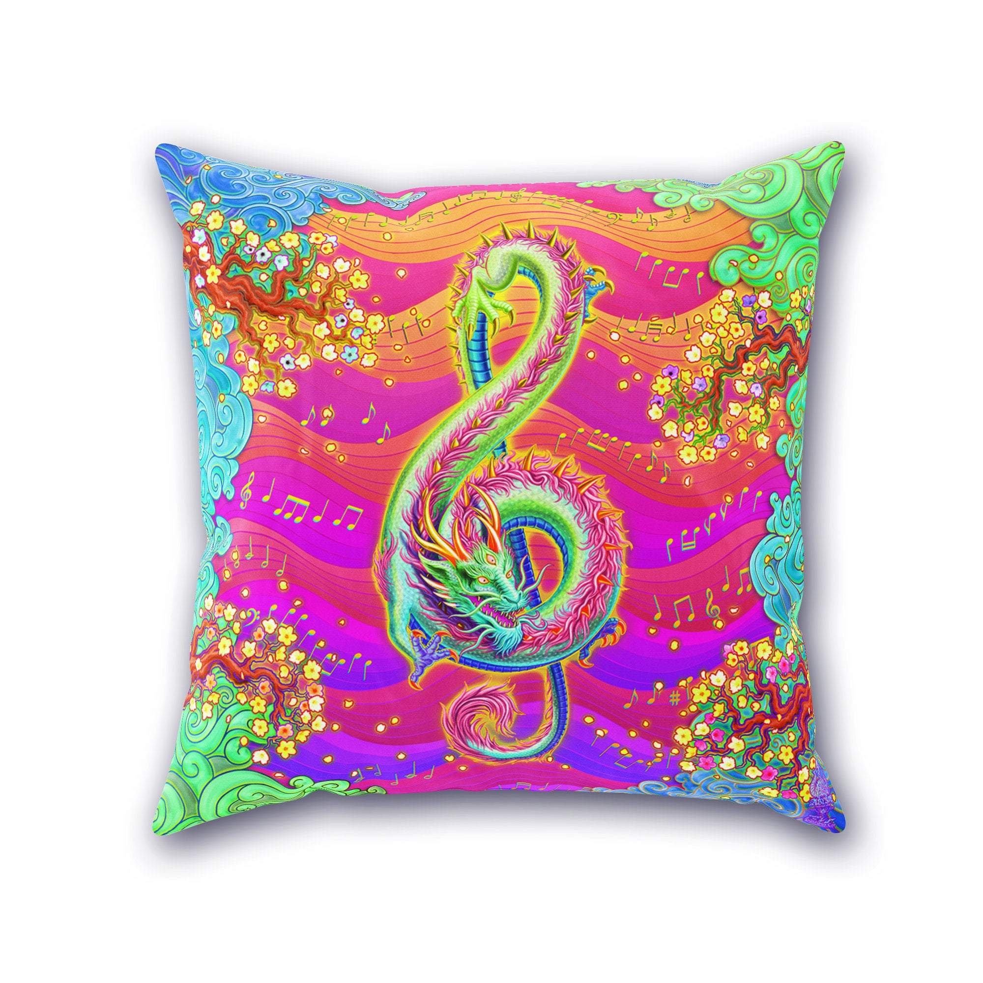 Psychedelic Throw Pillow, Decorative Accent Cushion, Eclectic Home Decor, Music Room, Kidcore - Treble Clef, Psy Neon Dragon - Abysm Internal