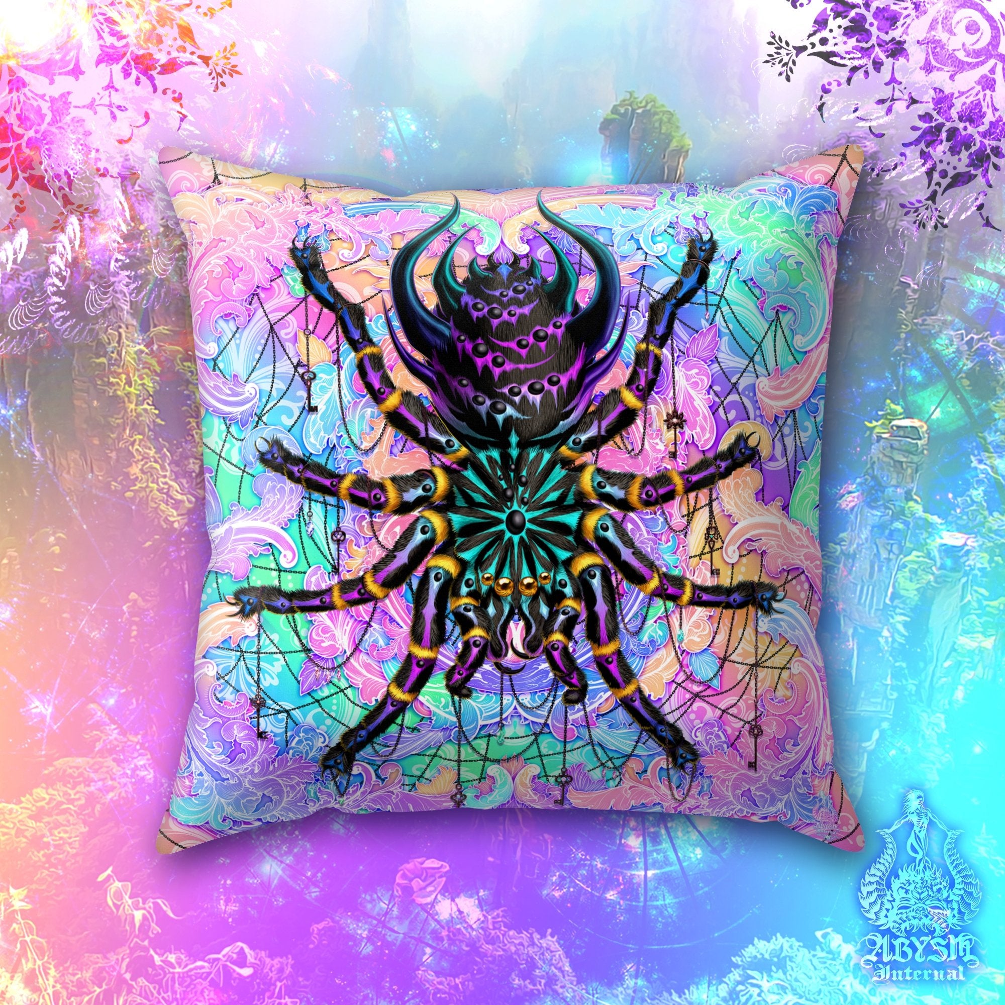 Psychedelic Throw Pillow, Decorative Accent Cushion, Holographic Pastel Punk Room Decor, Funky and Eclectic Home - Tarantula, Aesthetic Art, Black Spider - Abysm Internal