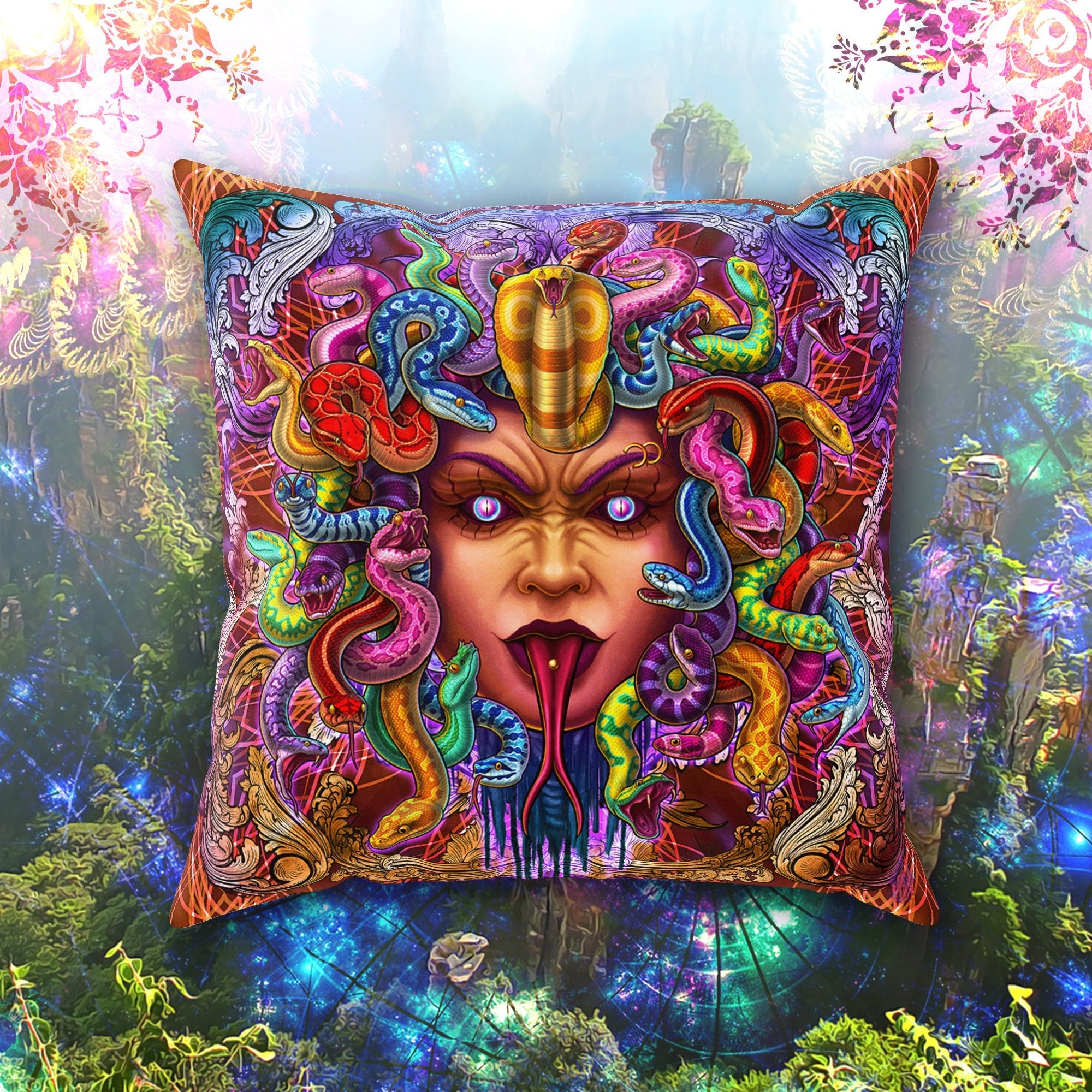 Psychedelic Throw Pillow, Decorative Accent Cushion, Medusa, Indie and Trippy Room Decor, Eclectic Design - Psy Snakes - Abysm Internal