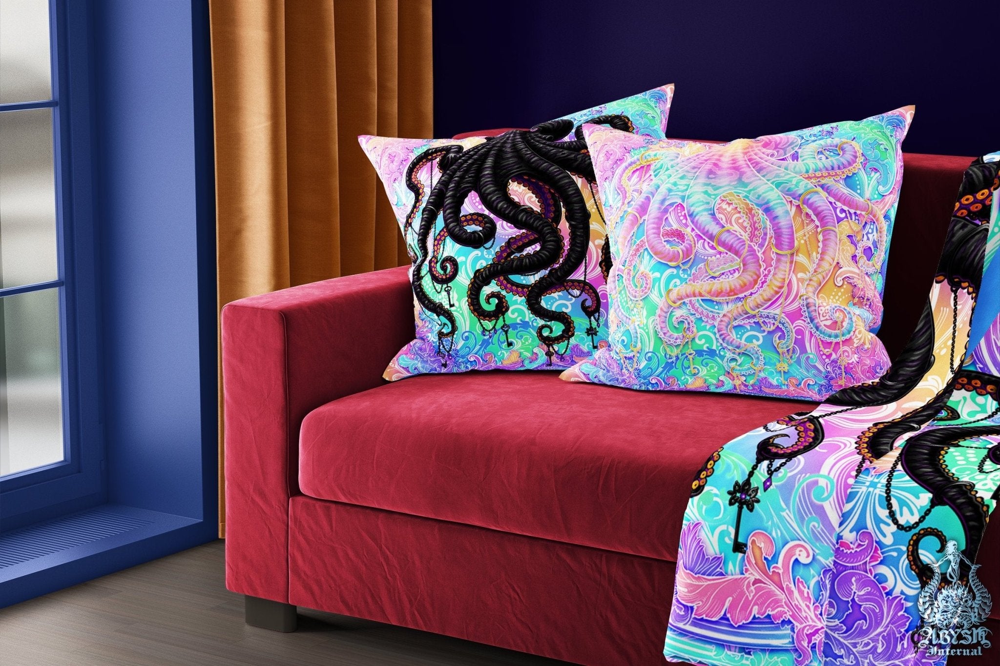 Psychedelic Throw Pillow, Decorative Accent Cushion, Psychedelic Room Decor, Eclectic, Funky Home - Pastel Punk Black Octopus - Abysm Internal