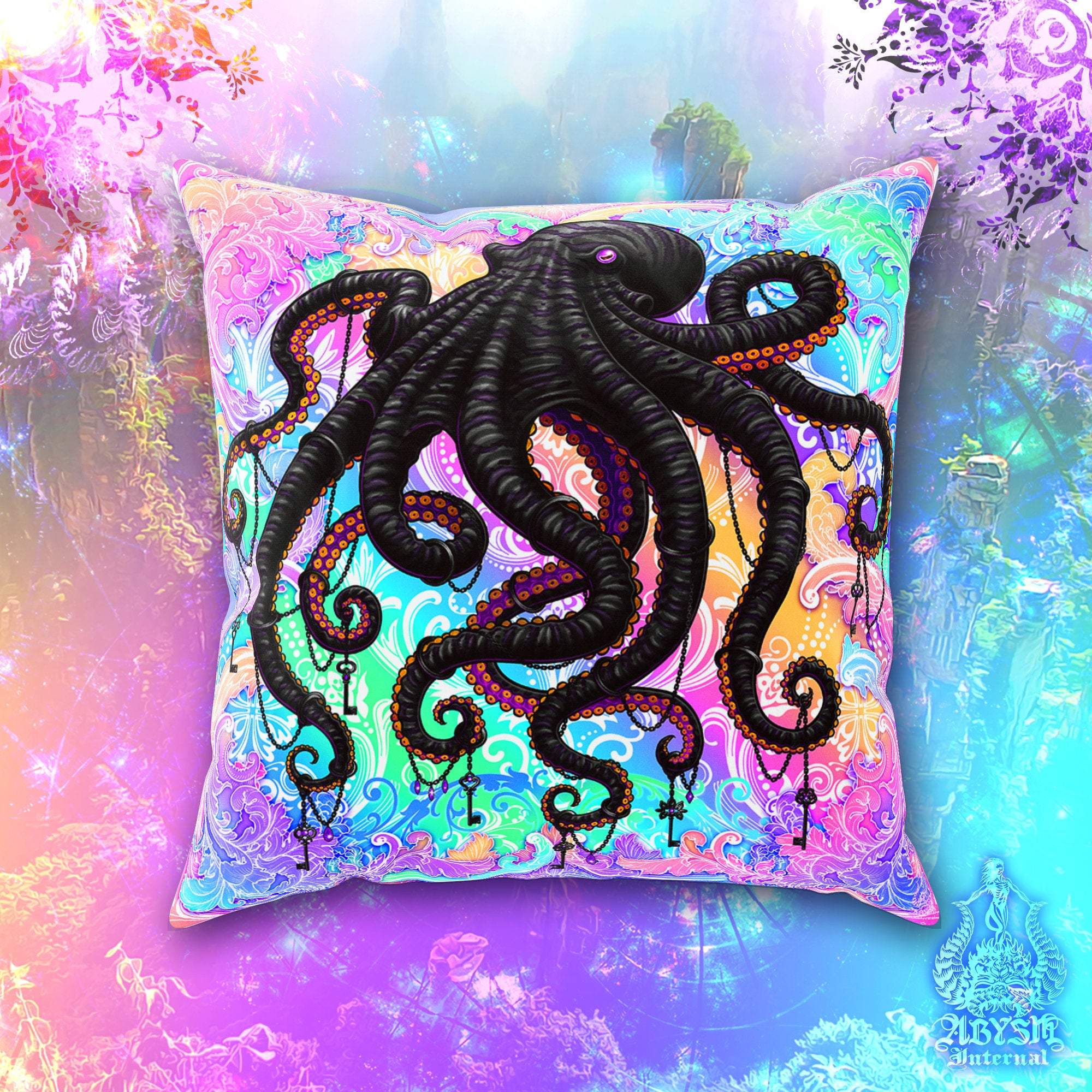 Psychedelic Throw Pillow, Decorative Accent Cushion, Psychedelic Room Decor, Eclectic, Funky Home - Pastel Punk Black Octopus - Abysm Internal