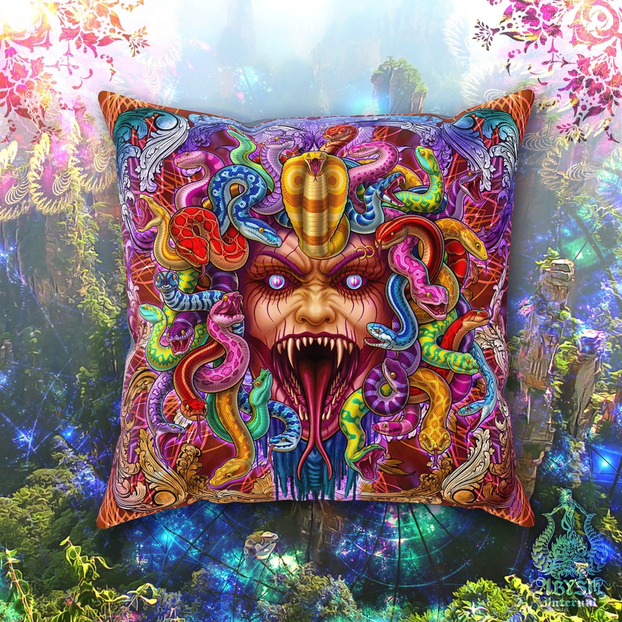 Psychedelic Throw Pillow, Decorative Accent Pillow, Square Cushion Cover, Medusa, Indie and Trippy Room Decor, Eclectic Design - Psy, 2 Faces - Abysm Internal