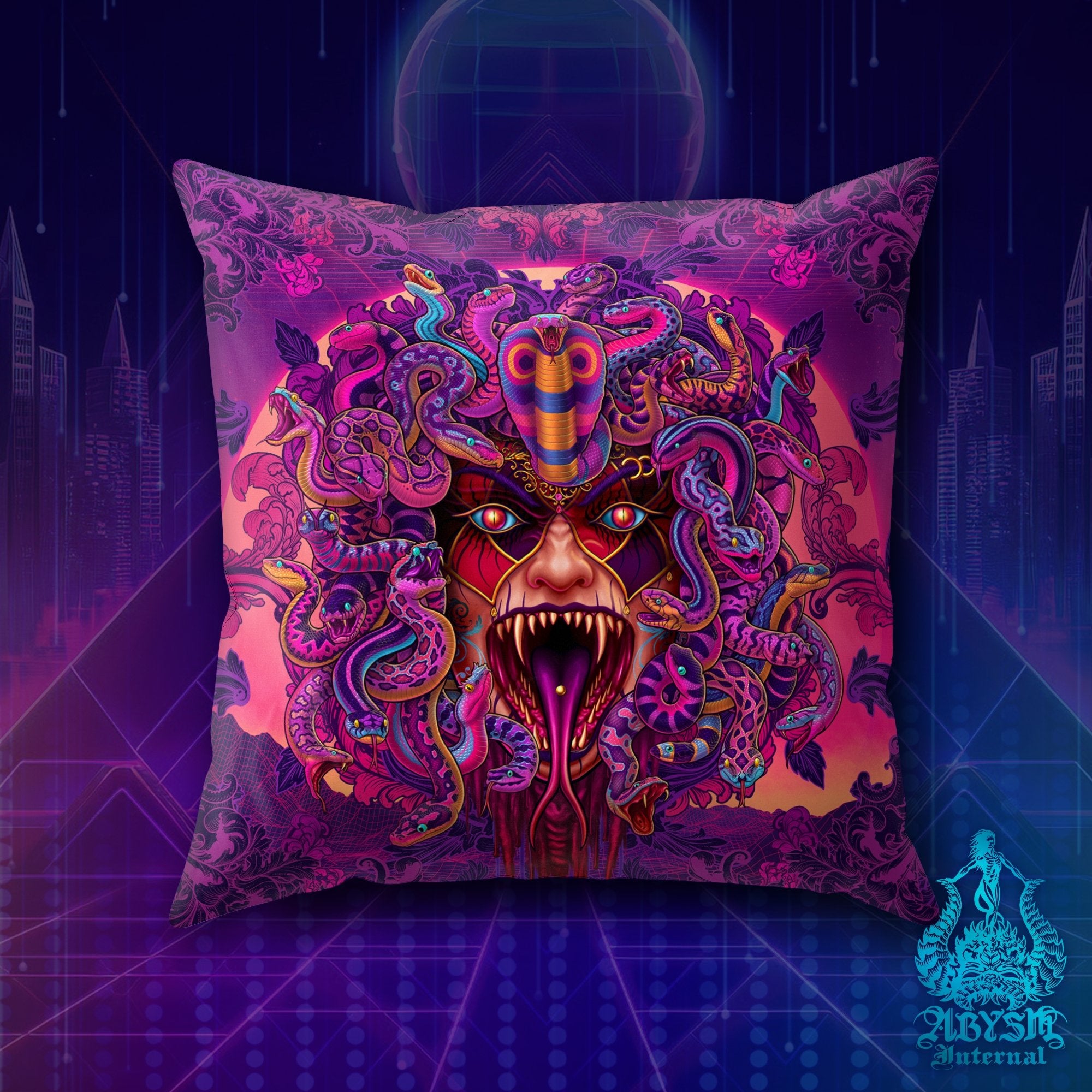 Psychedelic Throw Pillow, Vaporwave Decorative Accent Cushion, Retrowave 80s Room Decor, Synthwave Art Print - Medusa Rage - Abysm Internal
