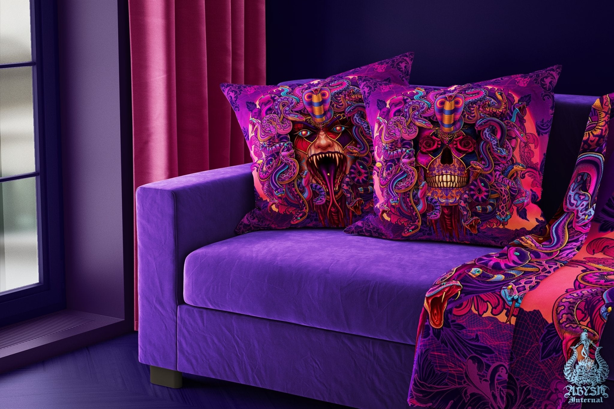 Psychedelic Throw Pillow, Vaporwave Decorative Accent Cushion, Retrowave 80s Room Decor, Synthwave Art Print - Medusa Rage - Abysm Internal