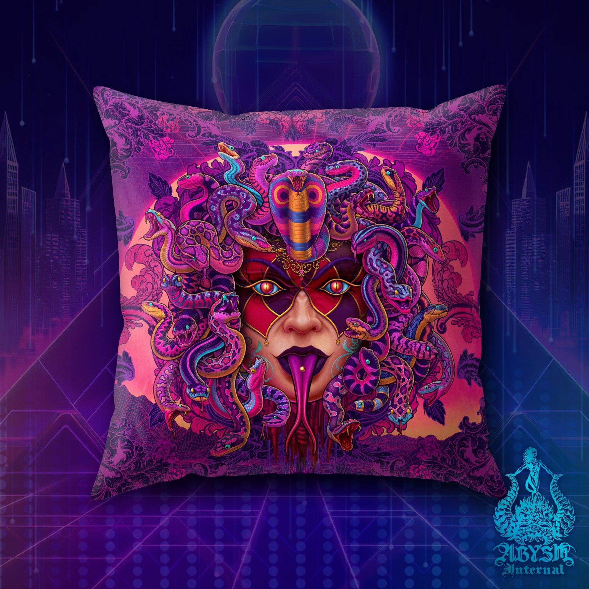 Psychedelic Throw Pillow, Vaporwave Decorative Accent Pillow, Square Cushion Cover, Retrowave 80s Room Decor, Synthwave Art Print - Medusa Skull, 4 Faces - Abysm Internal