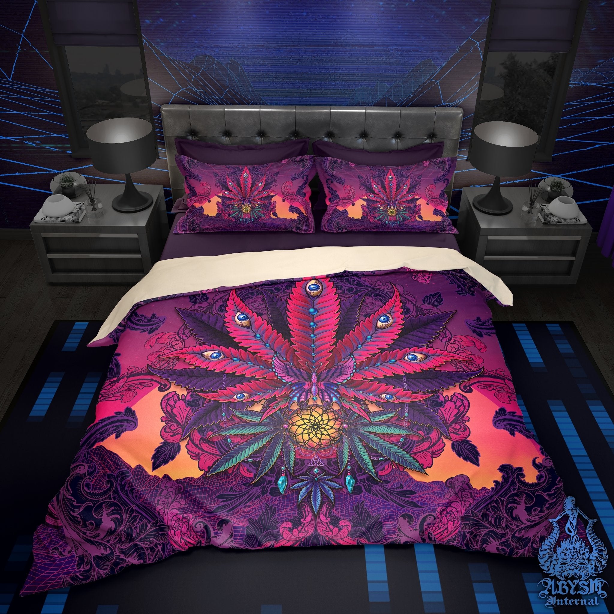 Psychedelic Weed Bedding Set, Comforter and Duvet, Vaporwave Bed Cover and Retrowave Bedroom Decor, King, Queen and Twin Size, Synthwave, Psychedelic 80s Gamer Room Art - Cannabis 420 - Abysm Internal
