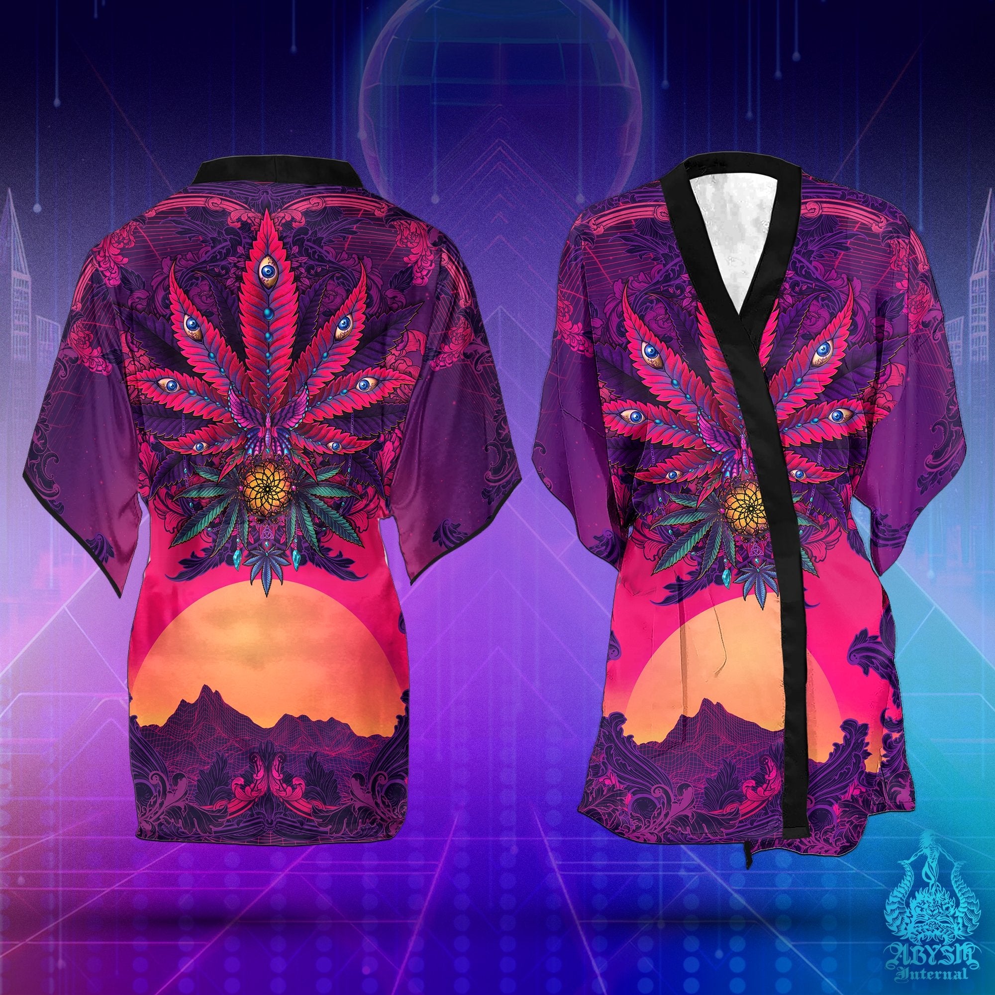Psychedelic Weed Cover Up, Synthwave Cannabis Outfit, Retrowave Party Kimono, Vaporwave Summer Festival Robe, 80s Art, 420 Gift, Alternative Clothing, Unisex - Marijuana - Abysm Internal
