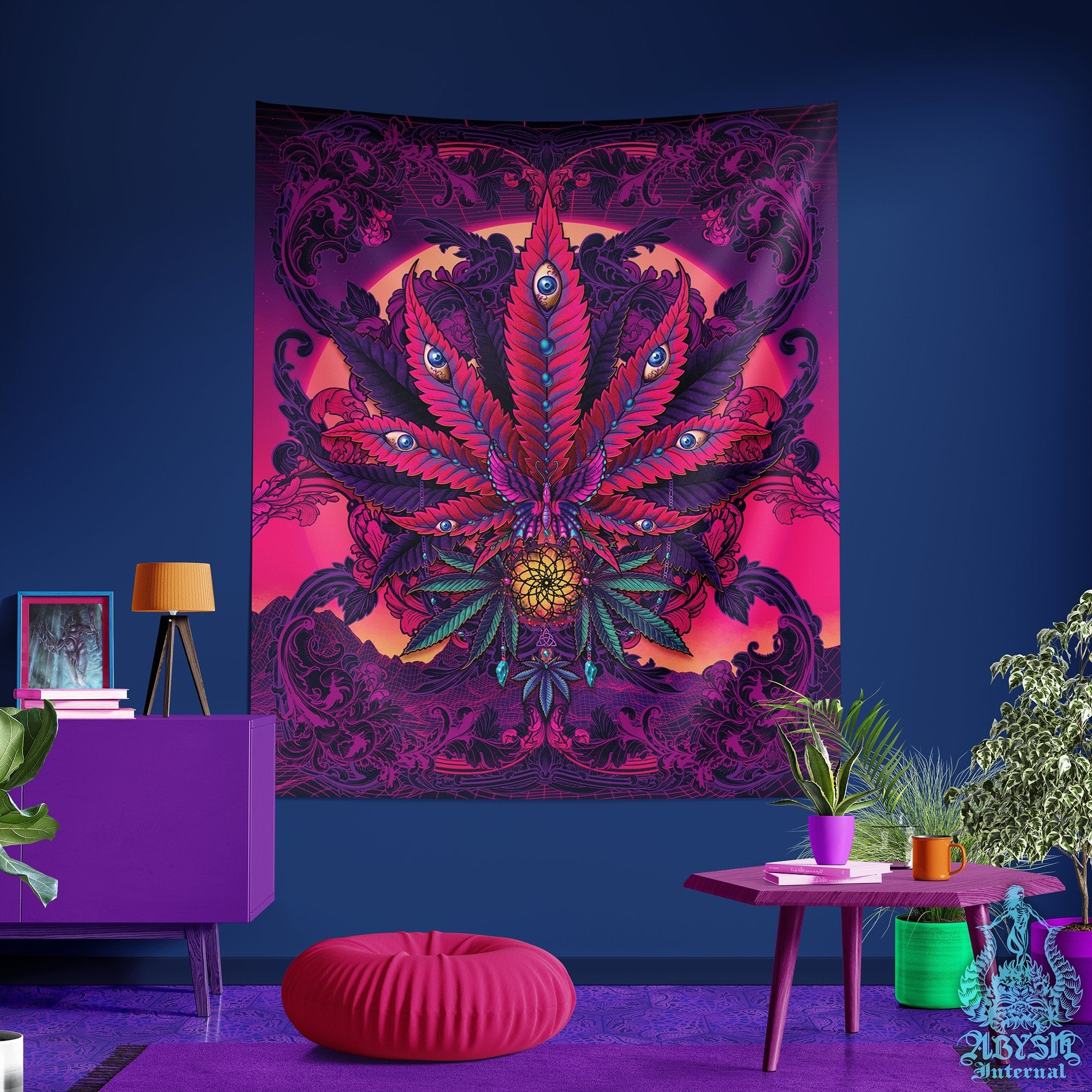 Psychedelic Weed Tapestry, Synthwave Cannabis Shop Decor, Marijuana Wall Hanging, Retrowave 80s Home Decor, Vaporwave Art Print, 420 Gift, Eclectic and Funky - Abysm Internal