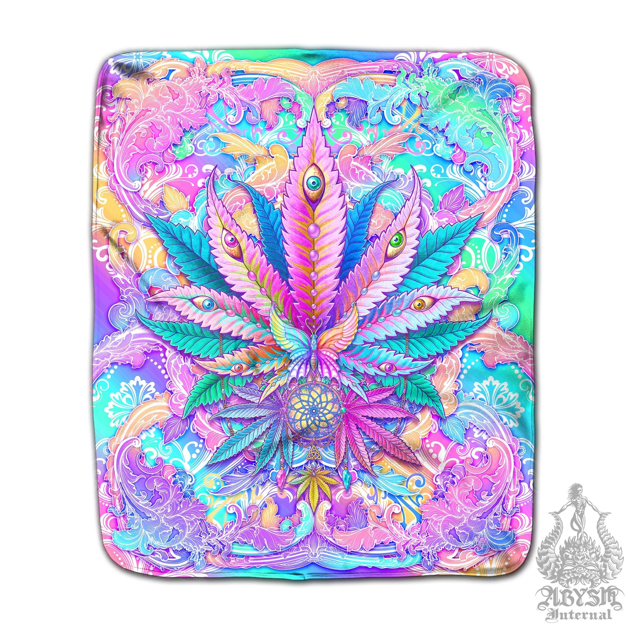 Psychedelic Weed Throw Fleece Blanket, Aesthetic Cannabis Art, Indie and Hippie Home Decor, 420 Gift - Marijuana, Pastel - Abysm Internal