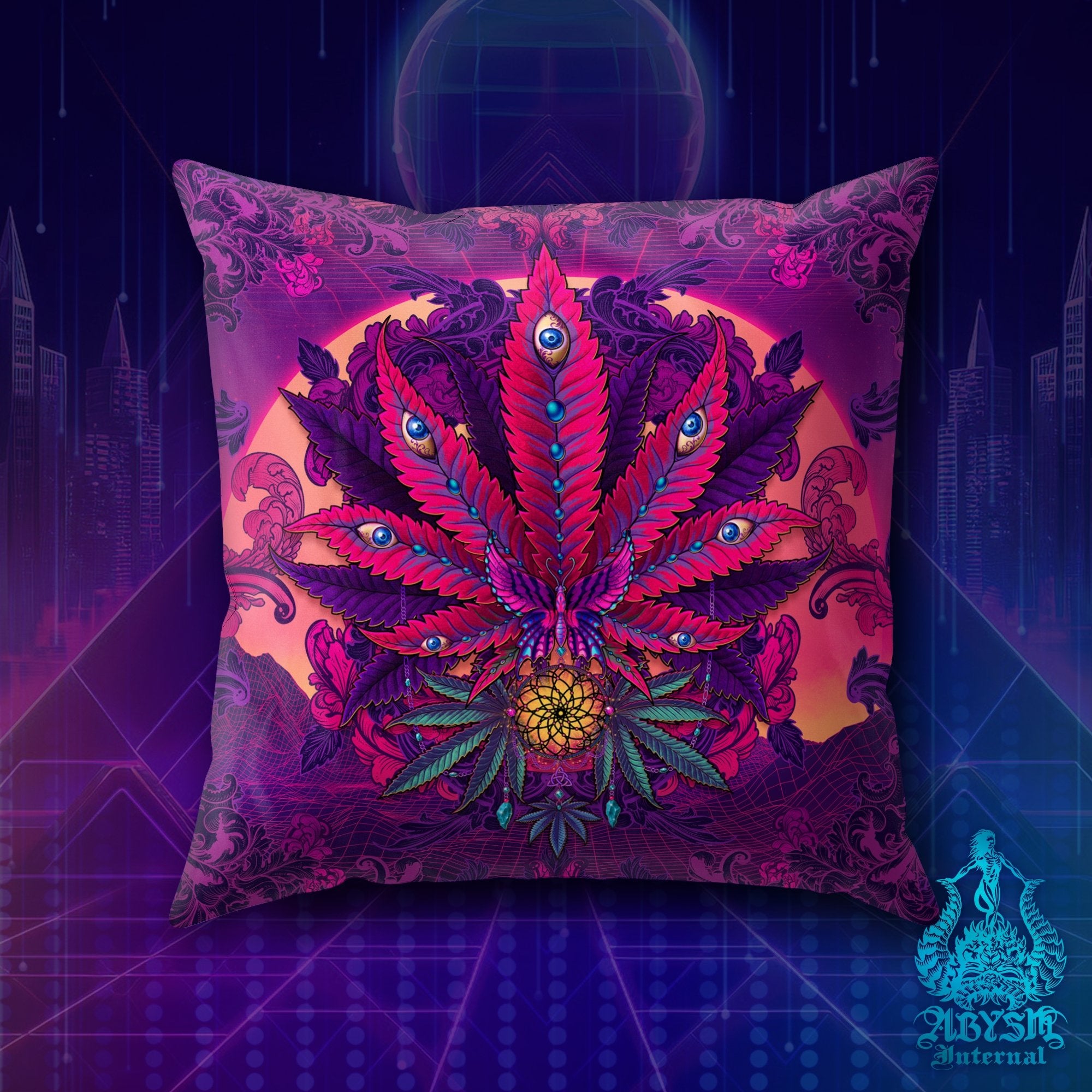 Psychedelic Weed Throw Pillow, Cannabis Shop Decor, Vaporwave Decorative Accent Cushion, Retrowave 80s Room Decor, Synthwave 420 Art Print - Abysm Internal