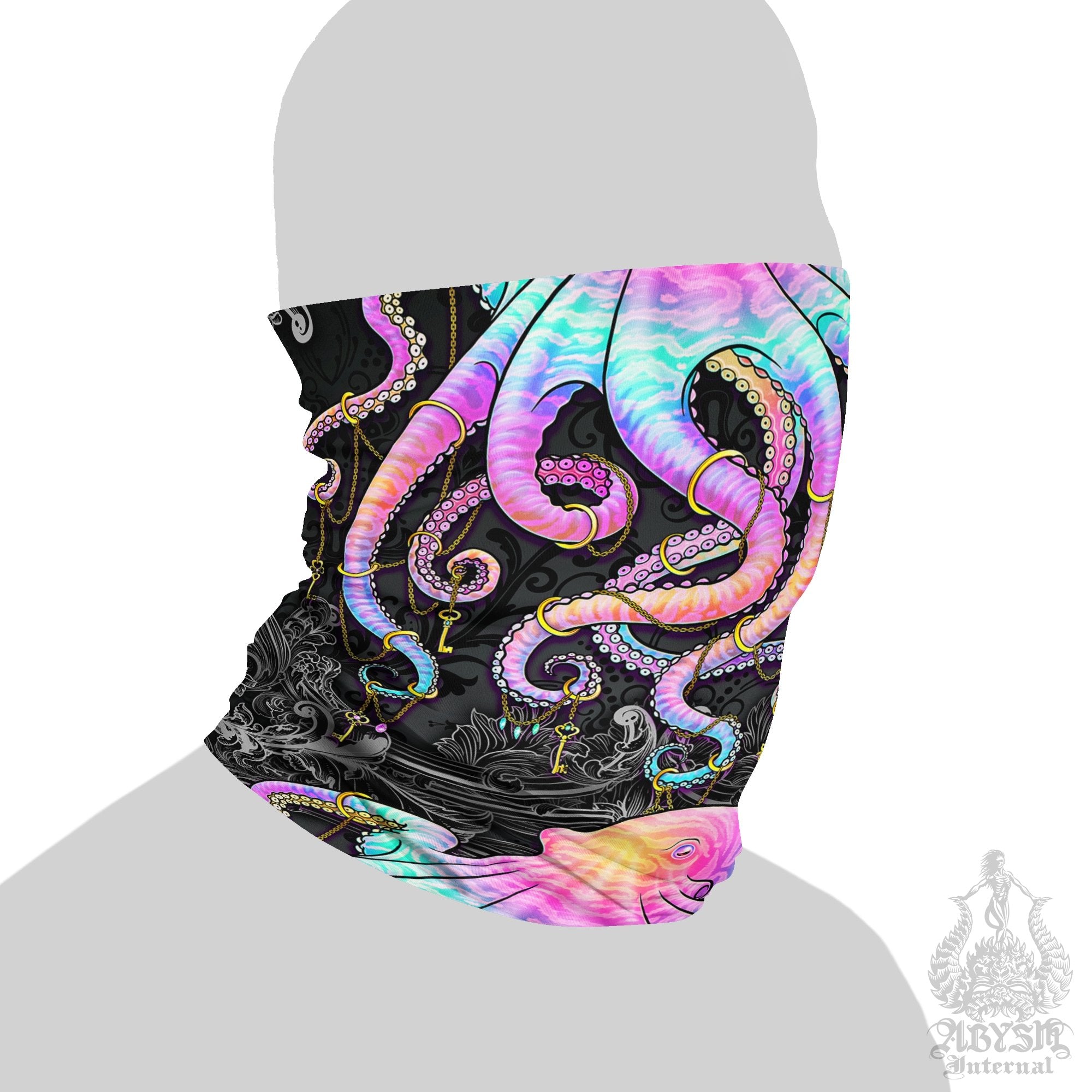 Rave Neck Gaiter, Face Mask, Head Covering, Rave Outfit, Psychedelic Beach Festival, Octopus Art - Aesthetic, Pastel Punk Dark - Abysm Internal