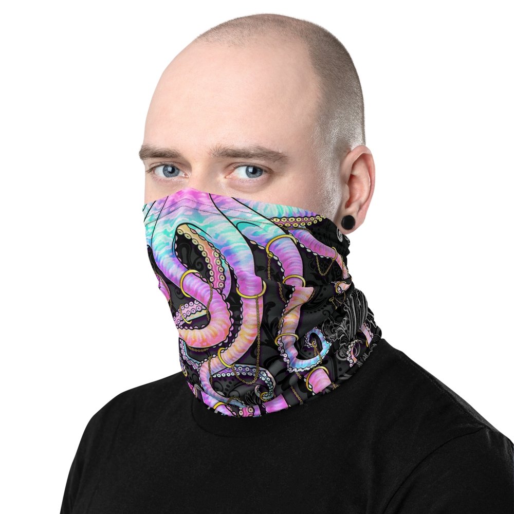 Rave Neck Gaiter, Face Mask, Head Covering, Rave Outfit, Psychedelic Beach Festival, Octopus Art - Aesthetic, Pastel Punk Dark - Abysm Internal