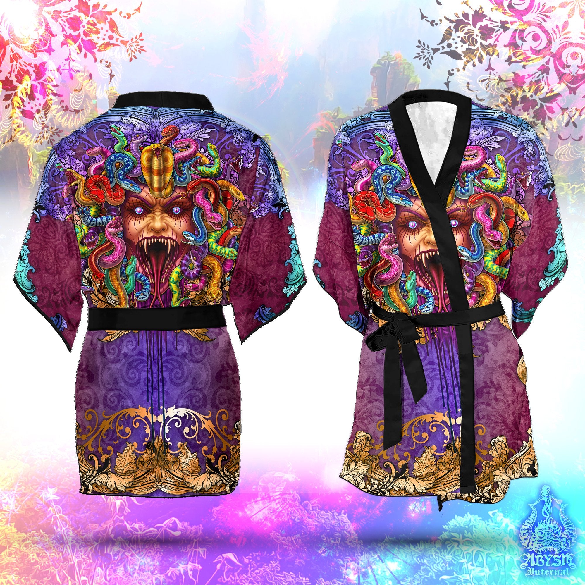 Rave Short Kimono Robe, Beach Party Outfit, Psychedelic Medusa Coverup, Summer Festival, Indie and Alternative Clothing, Unisex - Psy, 2 Faces - Abysm Internal