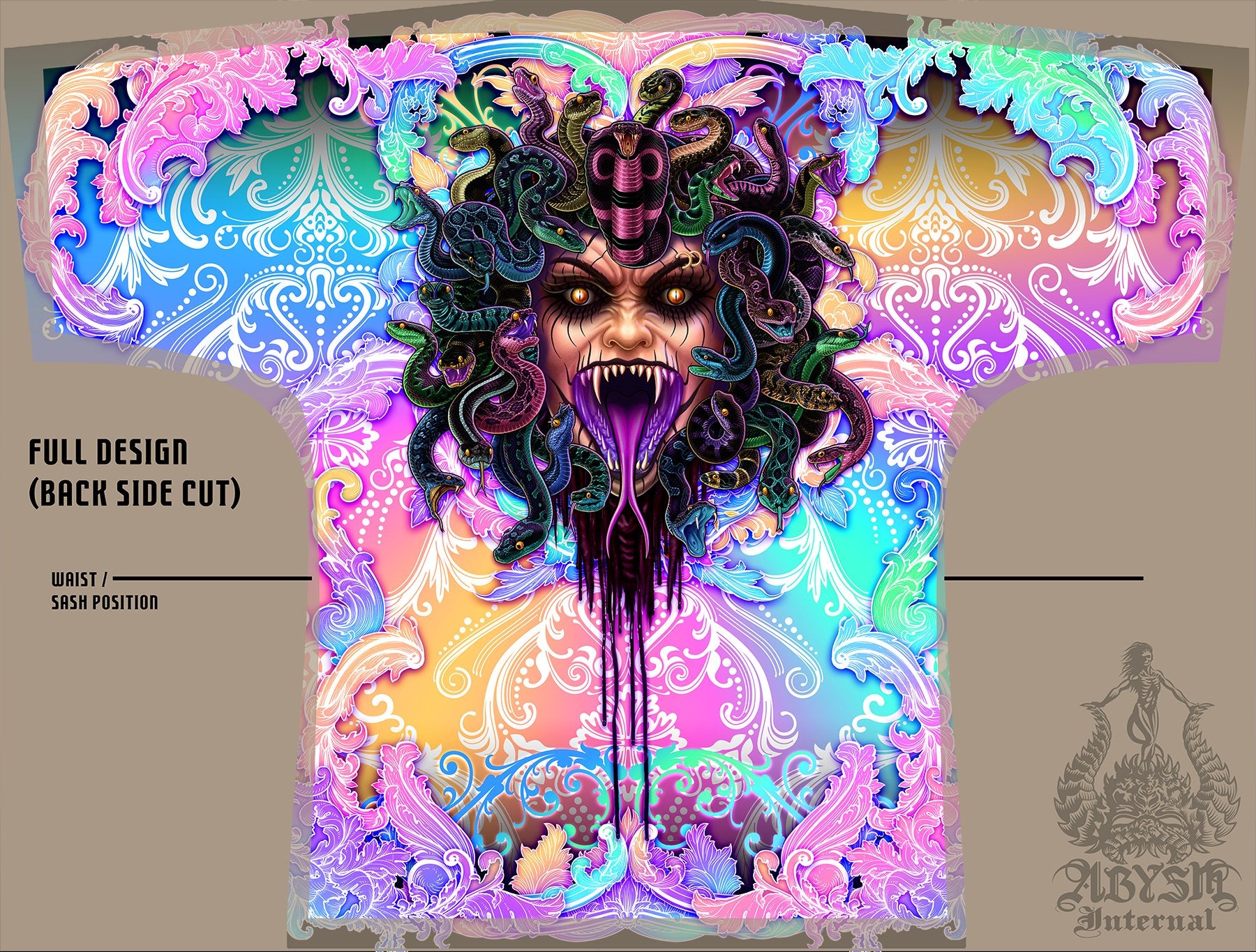 Rave Short Kimono Robe, Beach Party Outfit, Psychedelic Skull Coverup, Funky Summer Festival, Aesthetic Clothing, Unisex - Medusa, Pastel Punk Black, 4 Faces - Abysm Internal