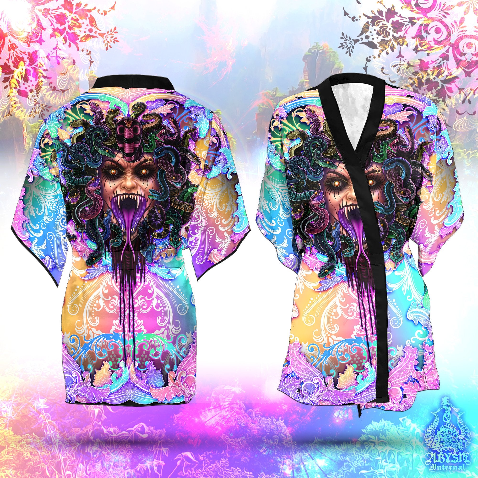 Rave Short Kimono Robe, Beach Party Outfit, Psychedelic Skull Coverup, Funky Summer Festival, Aesthetic Clothing, Unisex - Medusa, Pastel Punk Black, 4 Faces - Abysm Internal