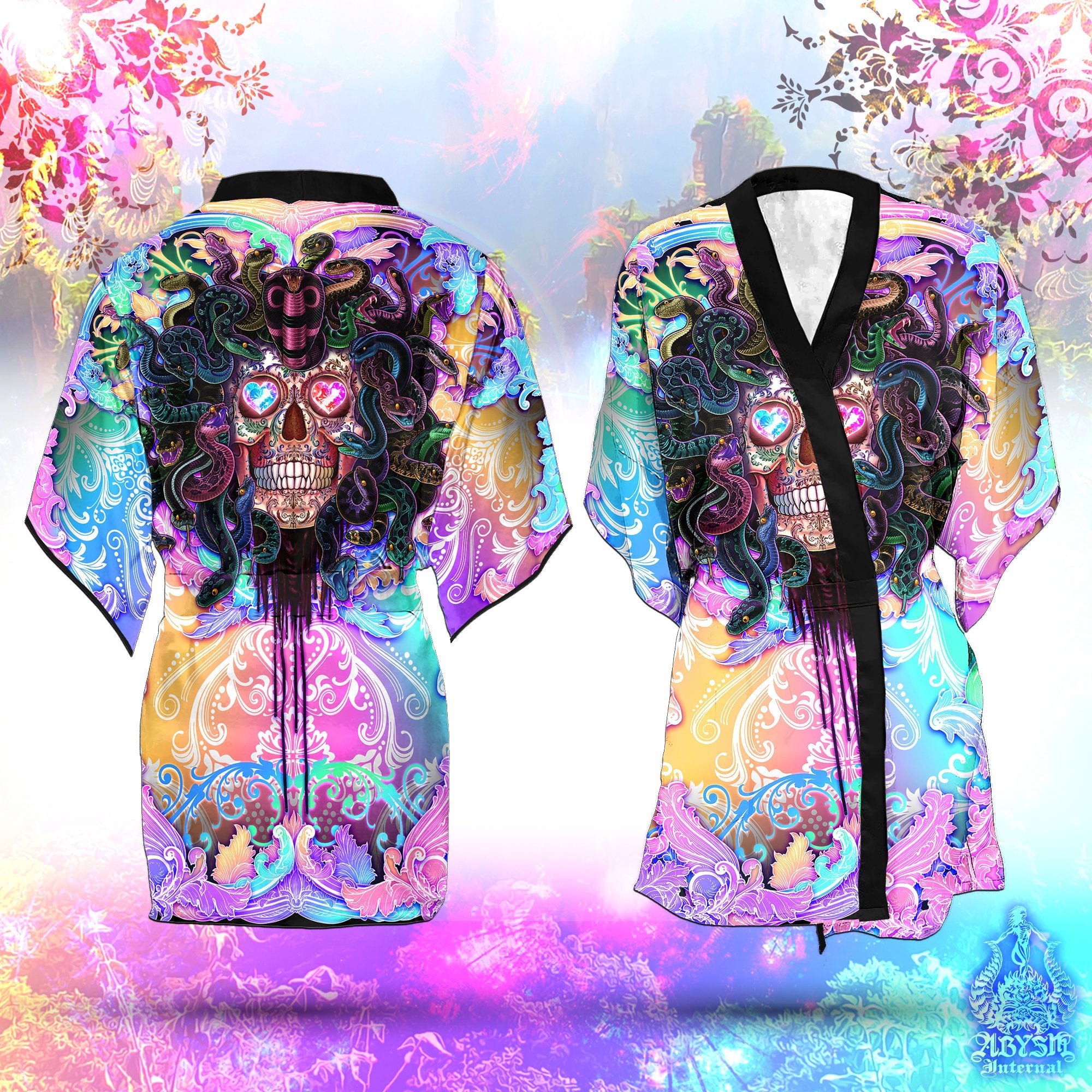 Rave Short Kimono Robe, Beach Party Outfit, Psychedelic Skull Coverup, Funky Summer Festival, Aesthetic Clothing, Unisex - Medusa, Pastel Punk Black, 4 Faces - Abysm Internal