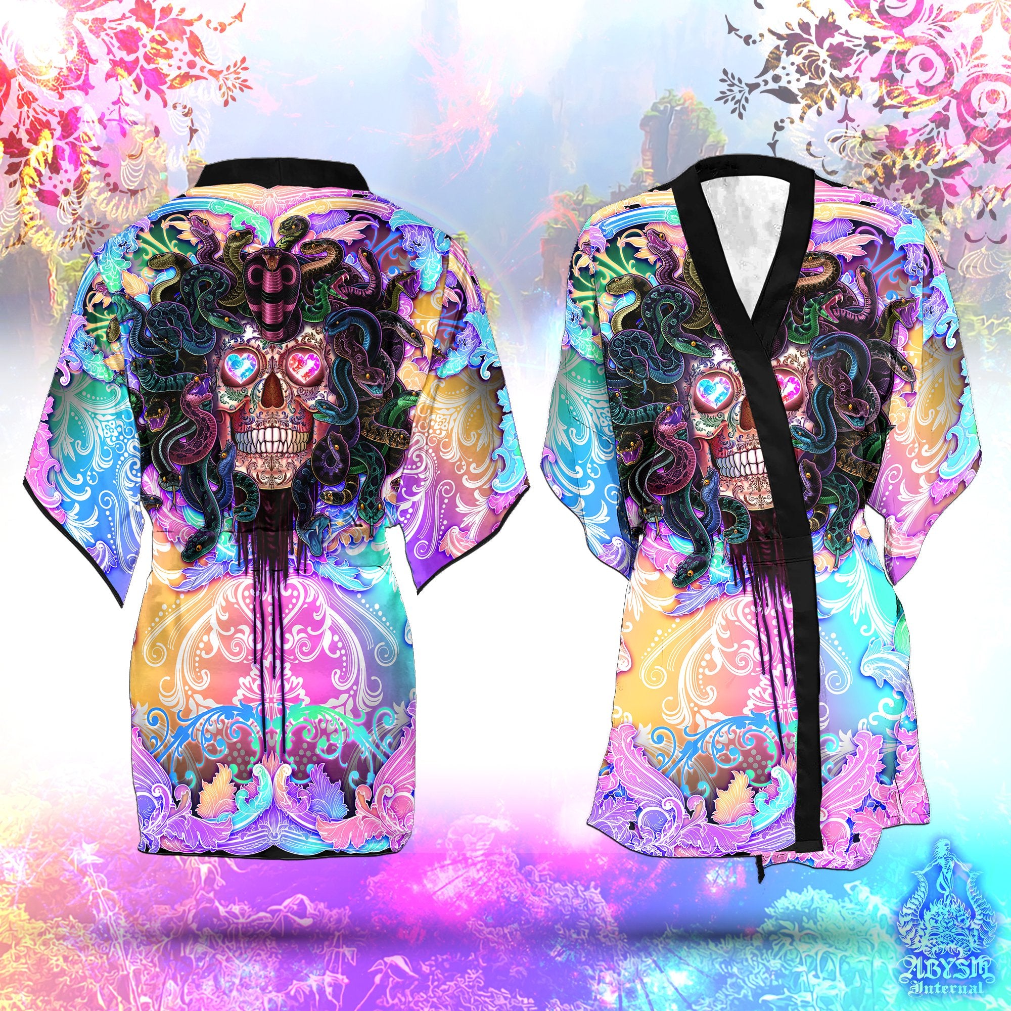 Rave Short Kimono Robe, Beach Party Outfit, Psychedelic Skull Coverup, Funky Summer Festival, Aesthetic Clothing, Unisex - Medusa, Pastel Punk Black, 4 Faces - Abysm Internal