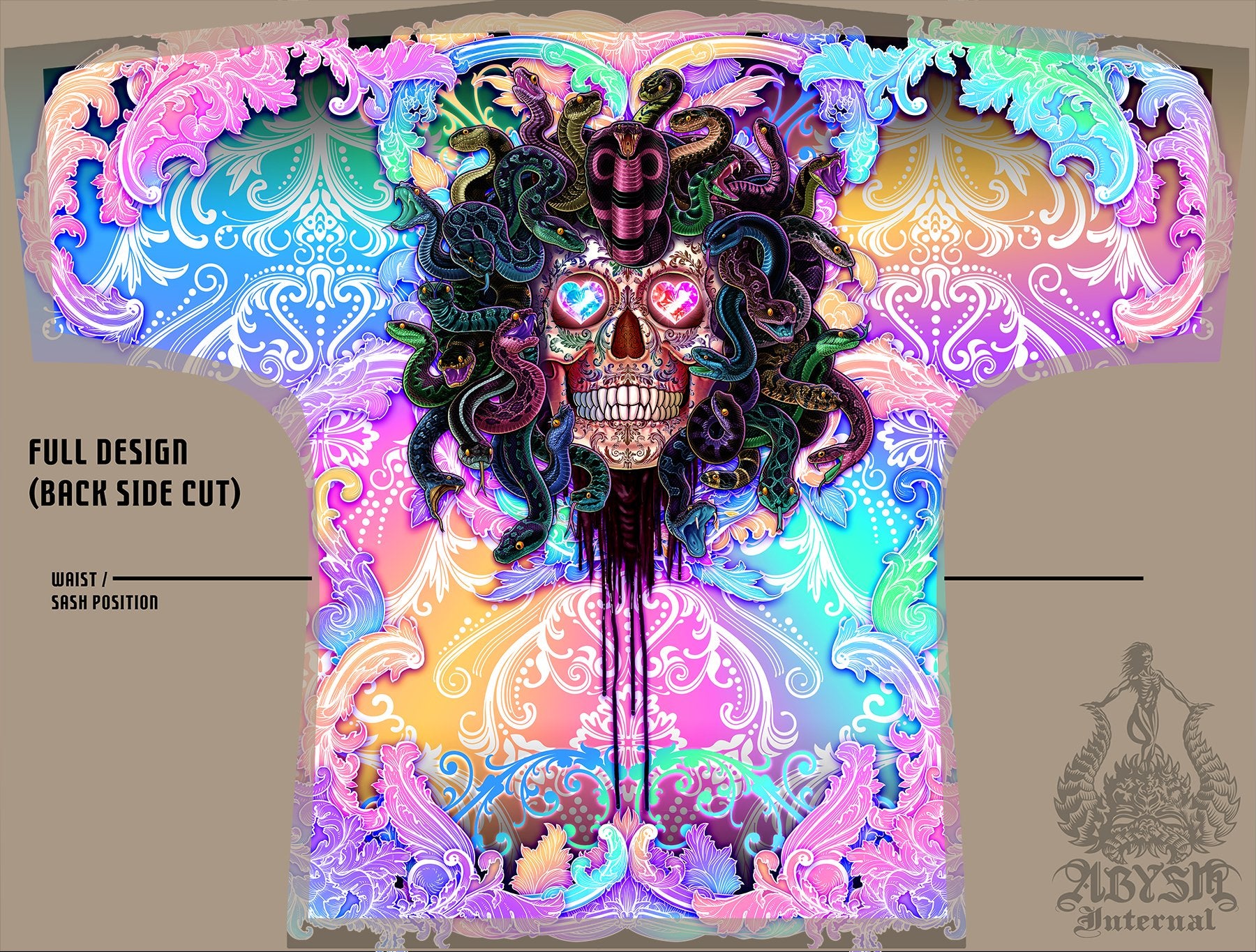 Rave Short Kimono Robe, Beach Party Outfit, Psychedelic Skull Coverup, Funky Summer Festival, Aesthetic Clothing, Unisex - Medusa, Pastel Punk Black, 4 Faces - Abysm Internal