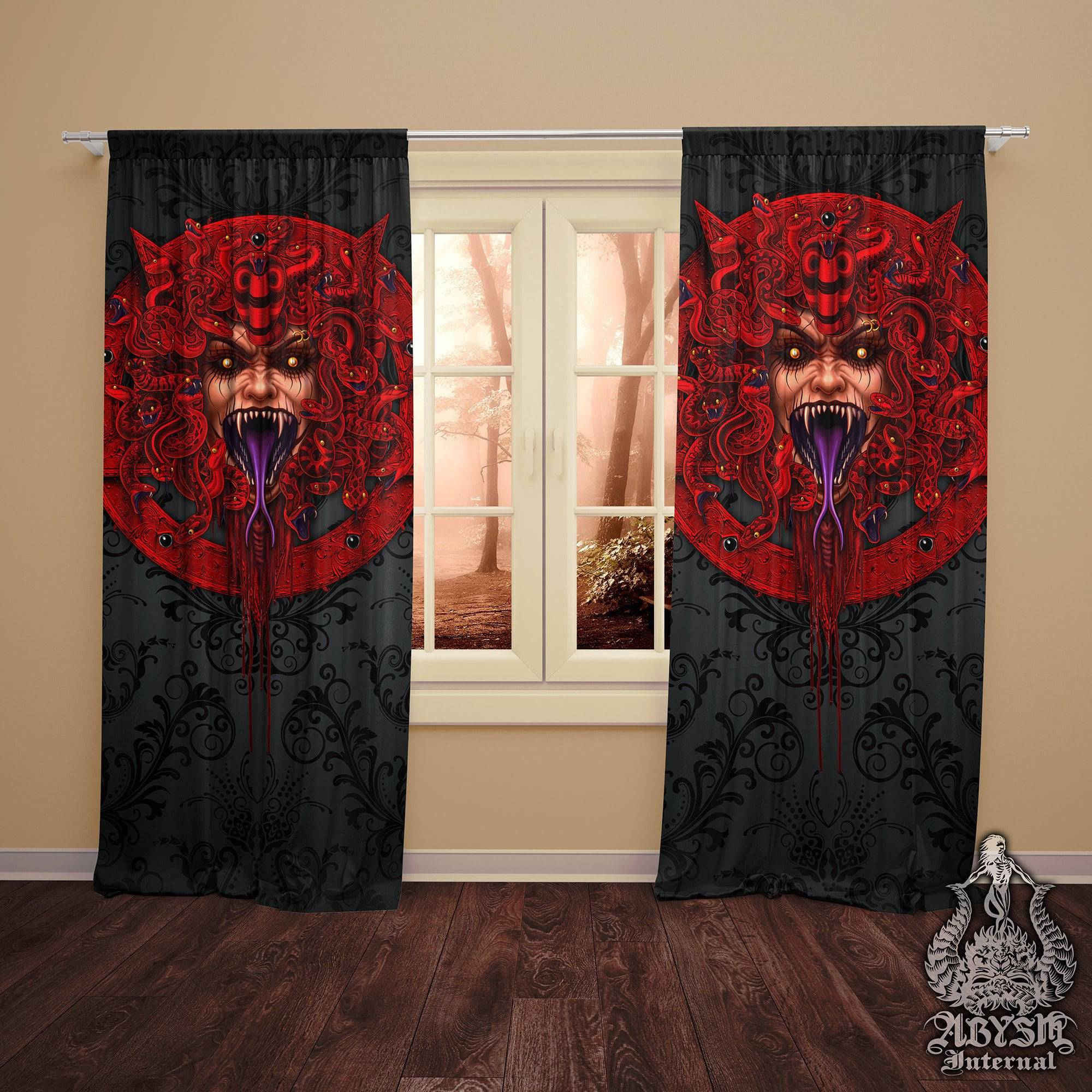 Red Demon Medusa Blackout Curtains, Satanic Long Window Panels, Red Pentagram, Gothic Home Decor, Art Print - Snakes, Enraged - Abysm Internal