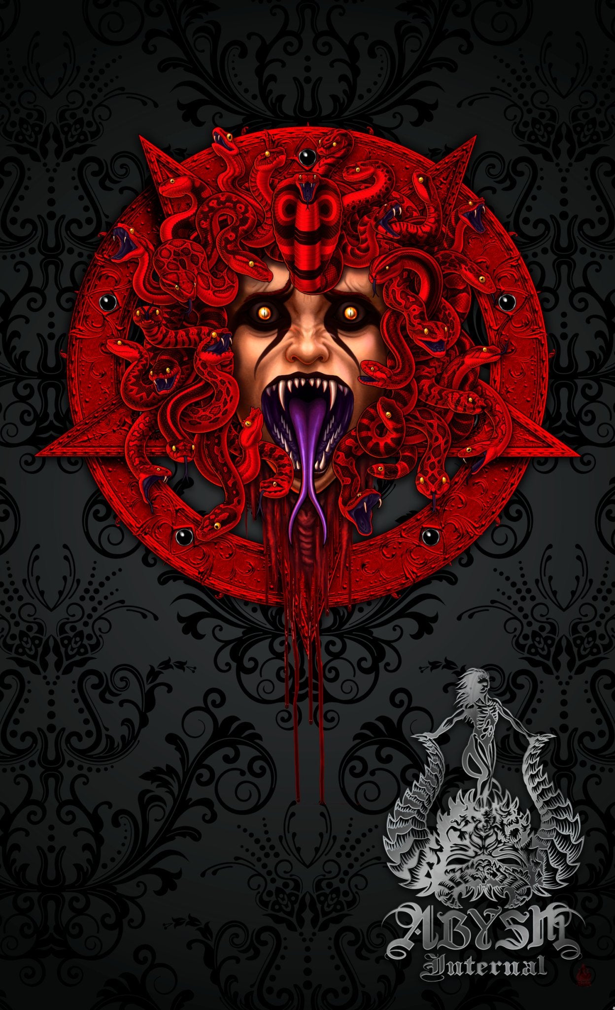Red Demon Medusa Curtains, Satanic 50x84' Printed Window Panels, Red Pentagram, Gothic Home Decor, Skull Art Print - Snakes, 3 Faces - Abysm Internal