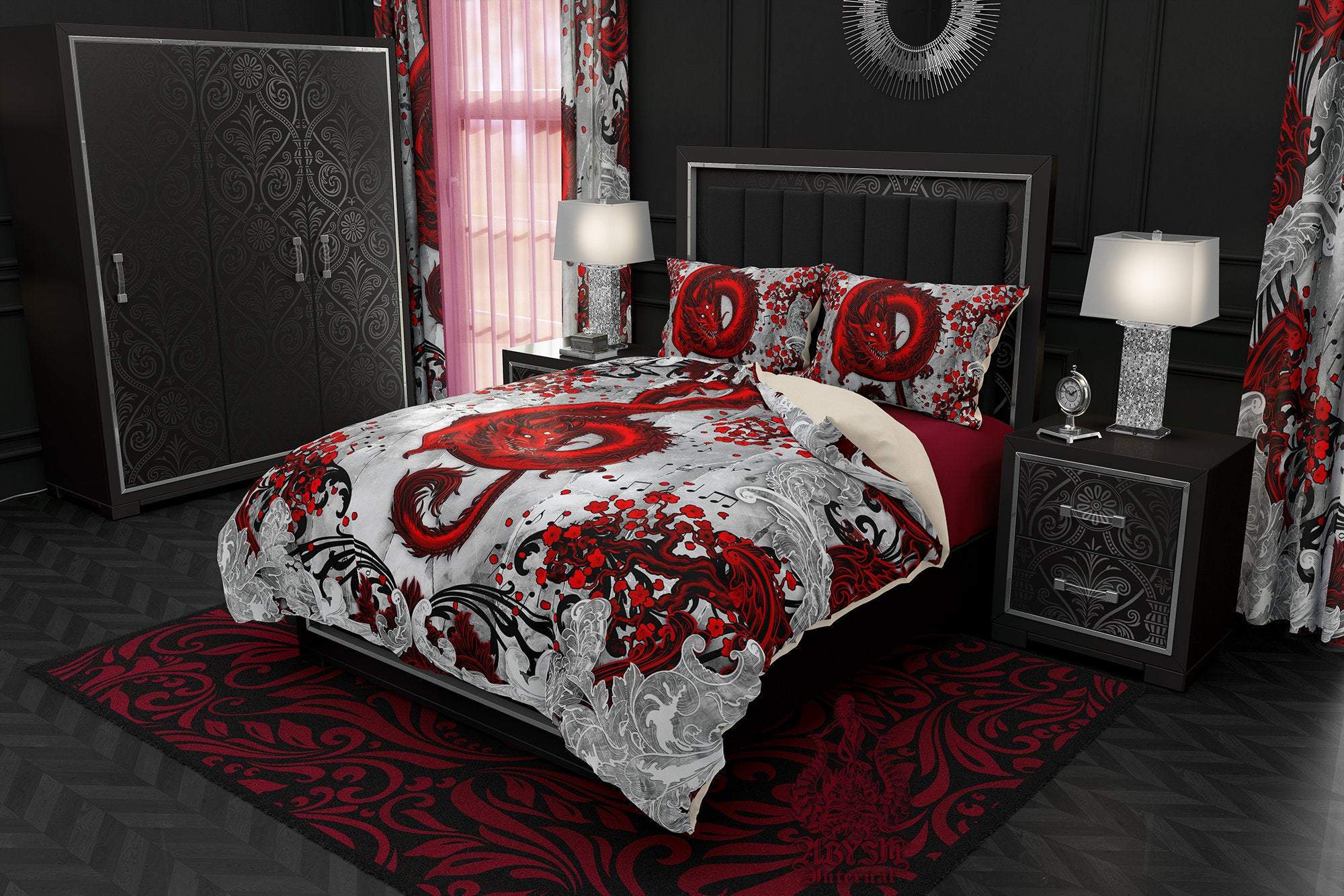 Red Dragon Bedding Set, Comforter and Duvet, Bloody White Goth Bed Cover and Bedroom Decor, King, Queen and Twin Size - Music Art - Abysm Internal