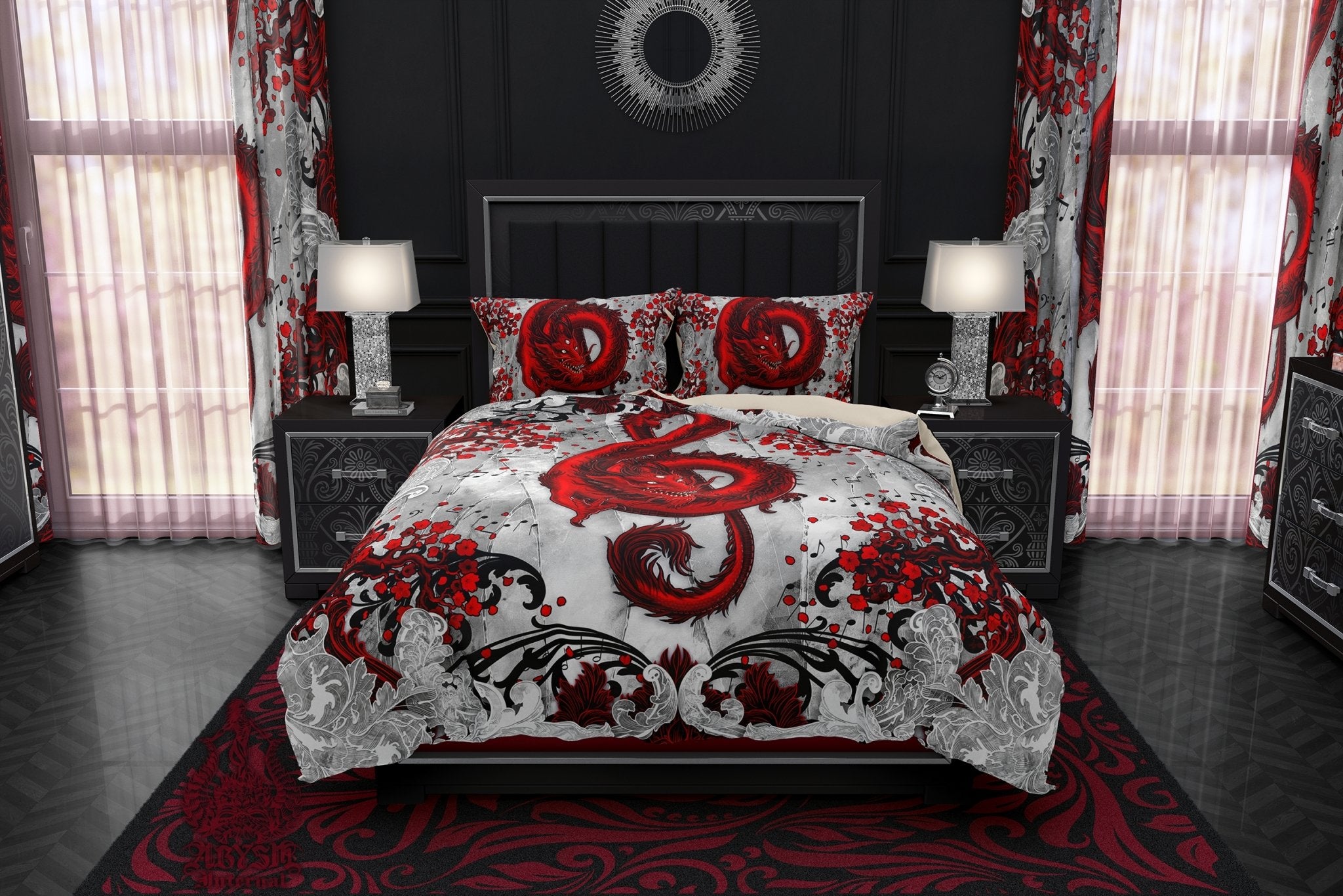 Red Dragon Bedding Set, Comforter and Duvet, Bloody White Goth Bed Cover and Bedroom Decor, King, Queen and Twin Size - Music Art - Abysm Internal