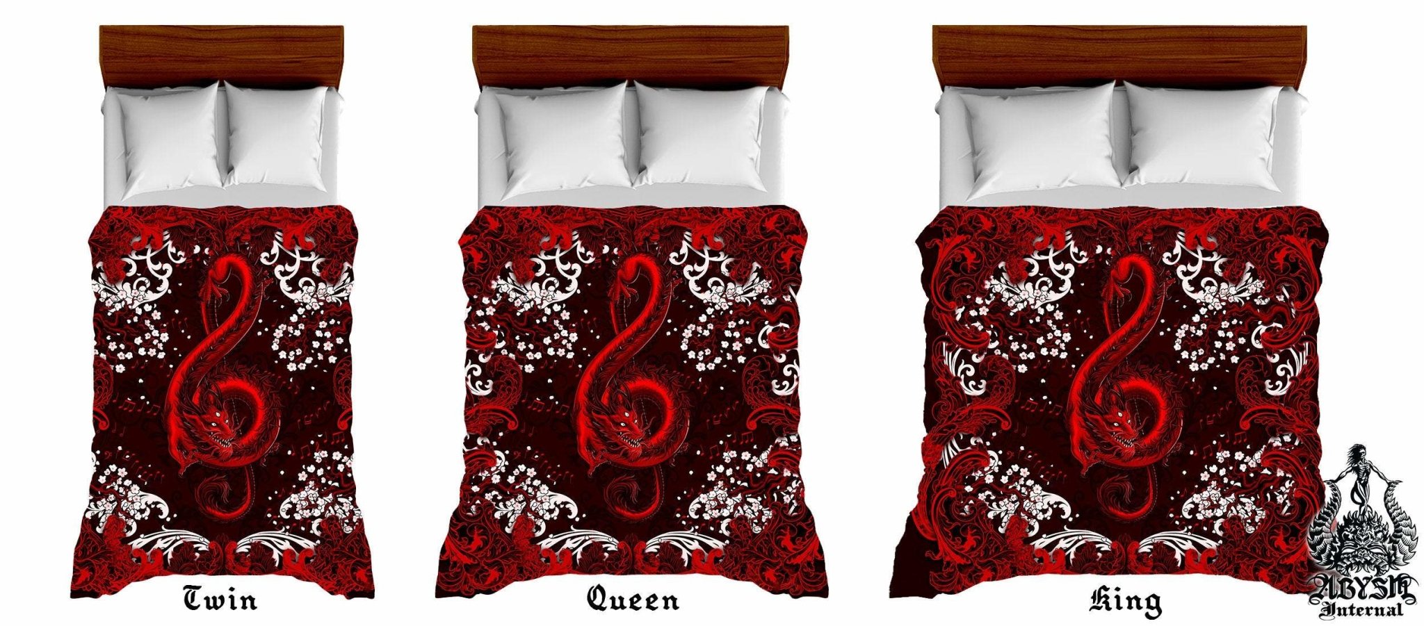 Red Dragon Bedding Set, Comforter and Duvet, Gothic Music Bed Cover and Bedroom Decor, King, Queen and Twin Size - Bloody Black - Abysm Internal