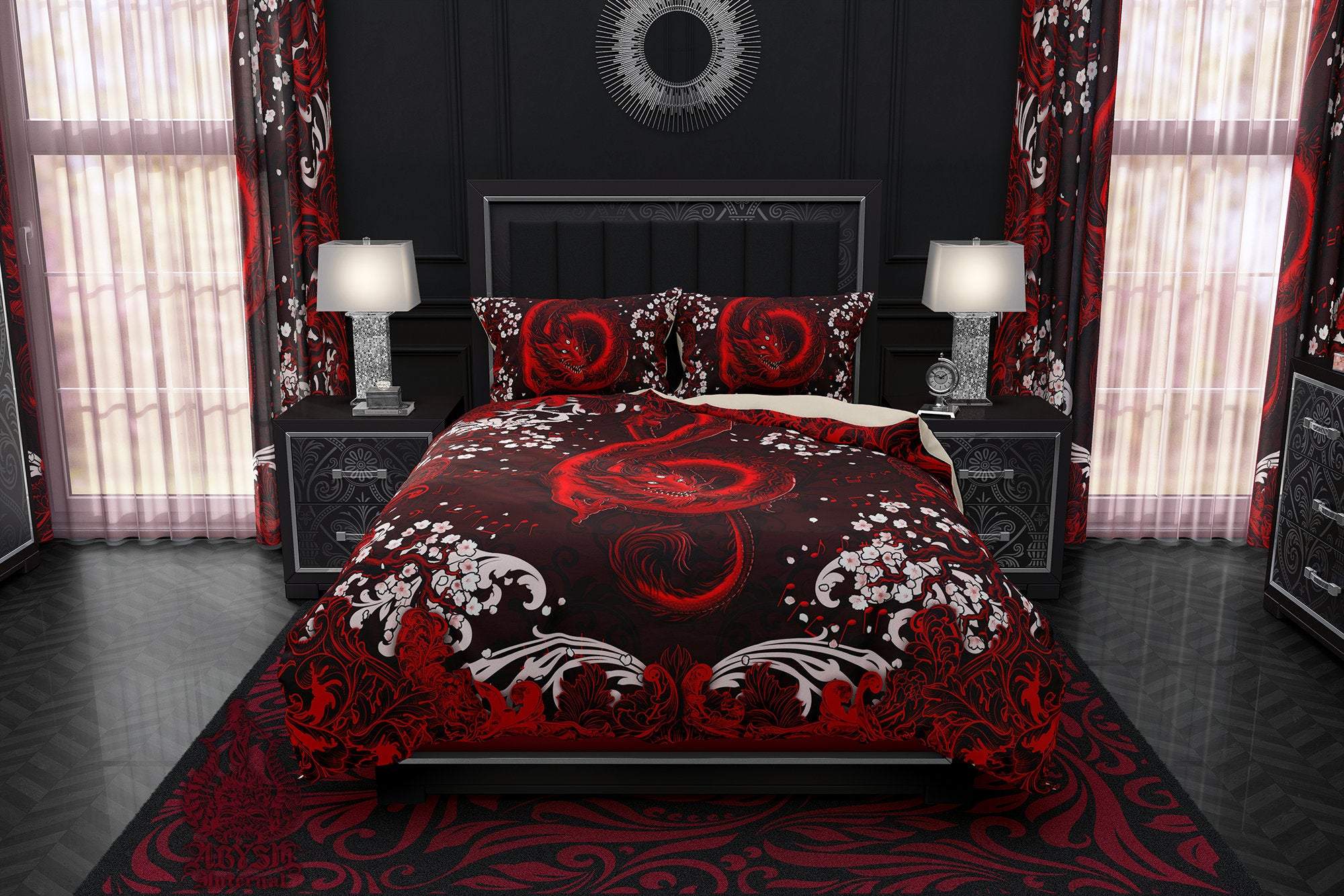 Red Dragon Bedding Set, Comforter and Duvet, Gothic Music Bed Cover and Bedroom Decor, King, Queen and Twin Size - Bloody Black - Abysm Internal