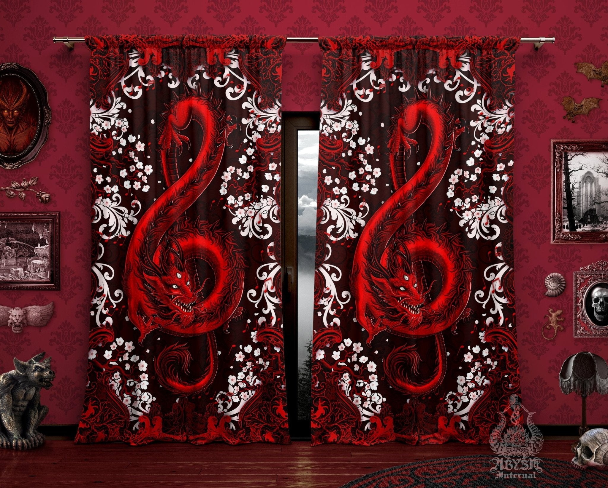 Red Dragon Blackout Curtains, Long Window Panels, Treble Clef, Music Art Print, Gothic Home Decor - Bloody Goth, Black - Abysm Internal