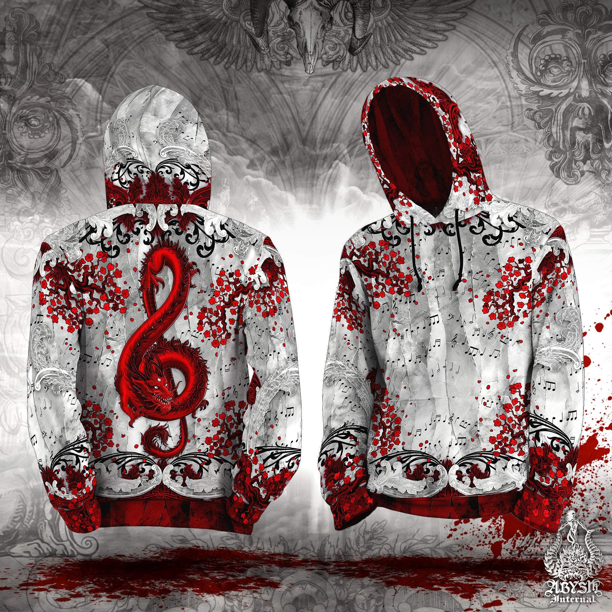 Red Dragon Hoodie, Hip Hop Outfit, Goth Music Festival Clothes, Alternative Clothing, Unisex - Bloody White - Abysm Internal