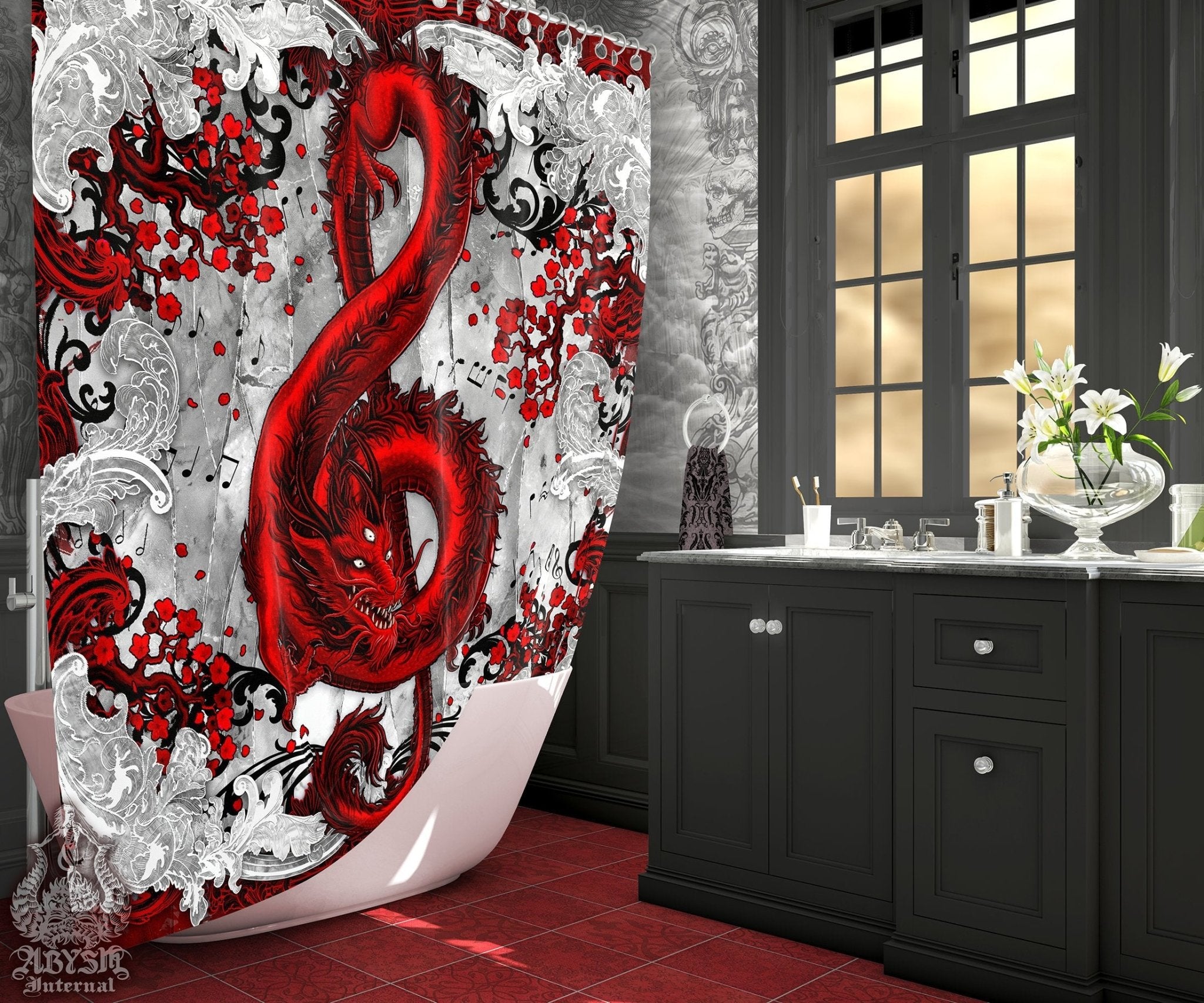 Red Dragon Shower Curtain, Fantasy Art, Gothic Bathroom Decor, Treble Clef - Bloody White Goth - Abysm Internal