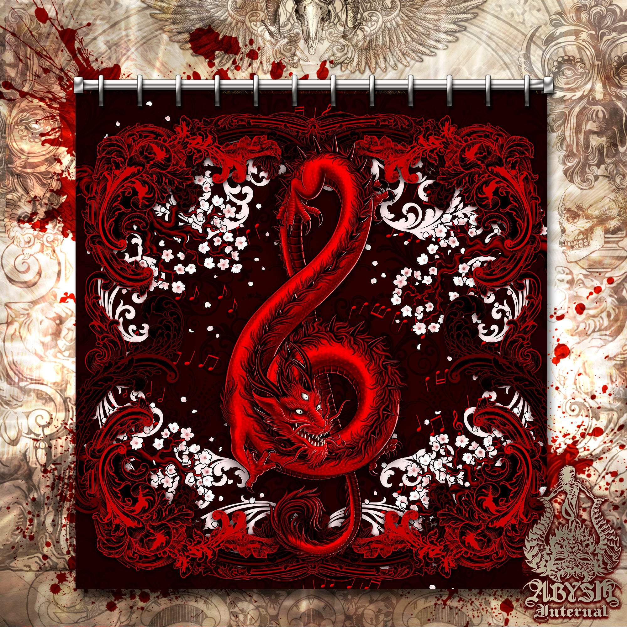 Red Dragon Shower Curtain, Music Art, Gothic Bathroom Decor, Treble Clef - Bloody Black - Abysm Internal