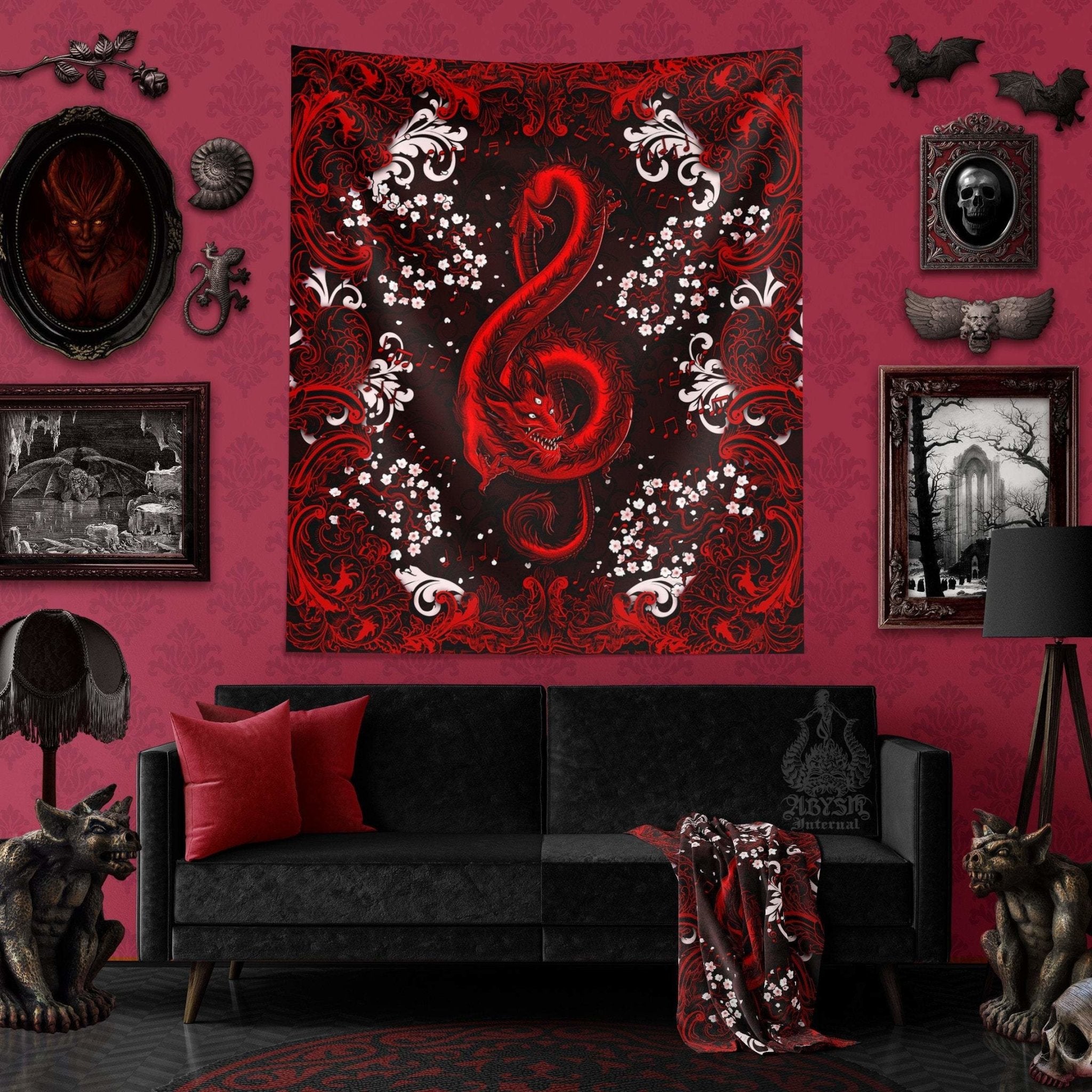 Red Dragon Tapestry, Music Wall Hanging, Gothic Home Decor, Art Print - Bloody Black, Treble Clef - Abysm Internal