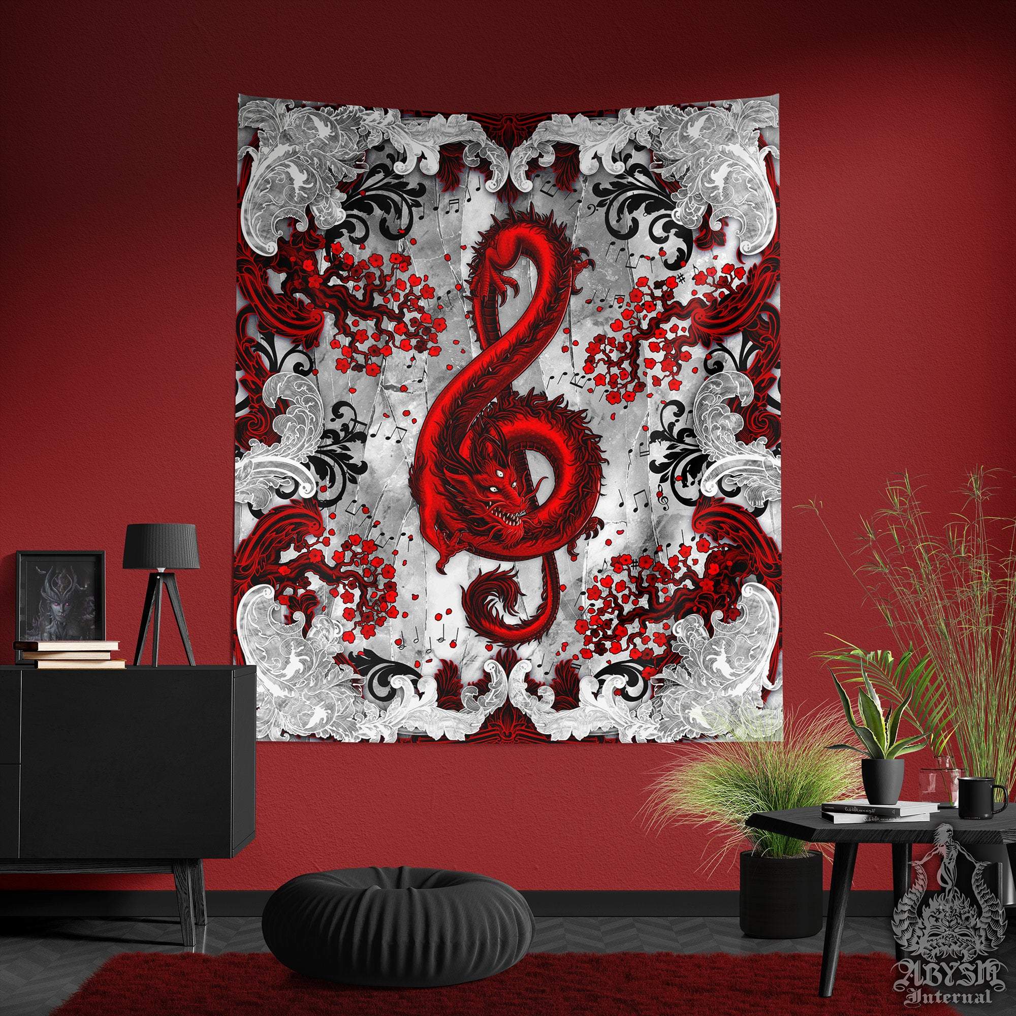 Red Dragon Tapestry, Music Wall Hanging, Gothic Home Decor, Art Print - Bloody White Goth, Treble Clef - Abysm Internal