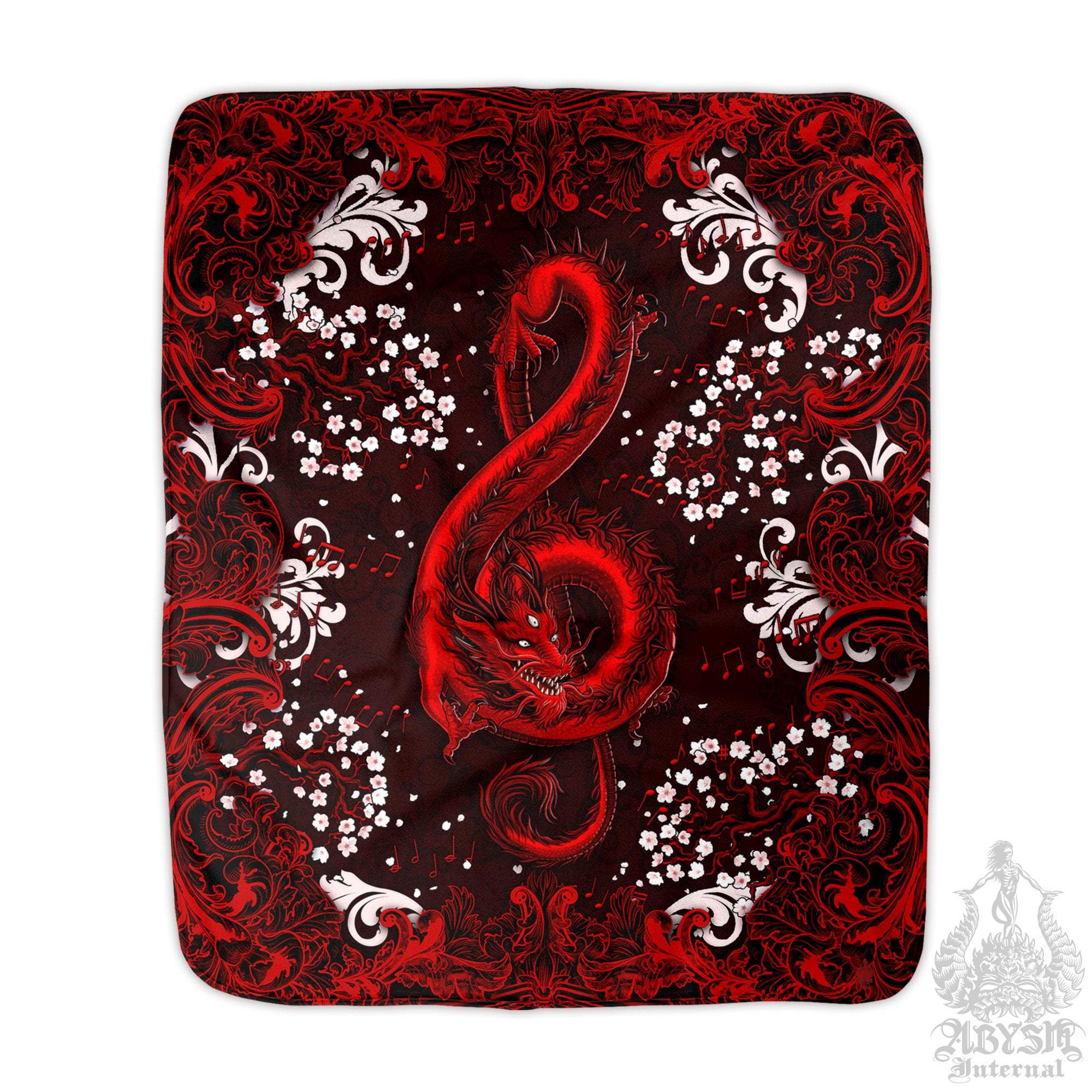 Red Dragon Throw Fleece Blanket, Treble Clef, Music Home Decor, Alternative Art Gift - Bloody Black - Abysm Internal