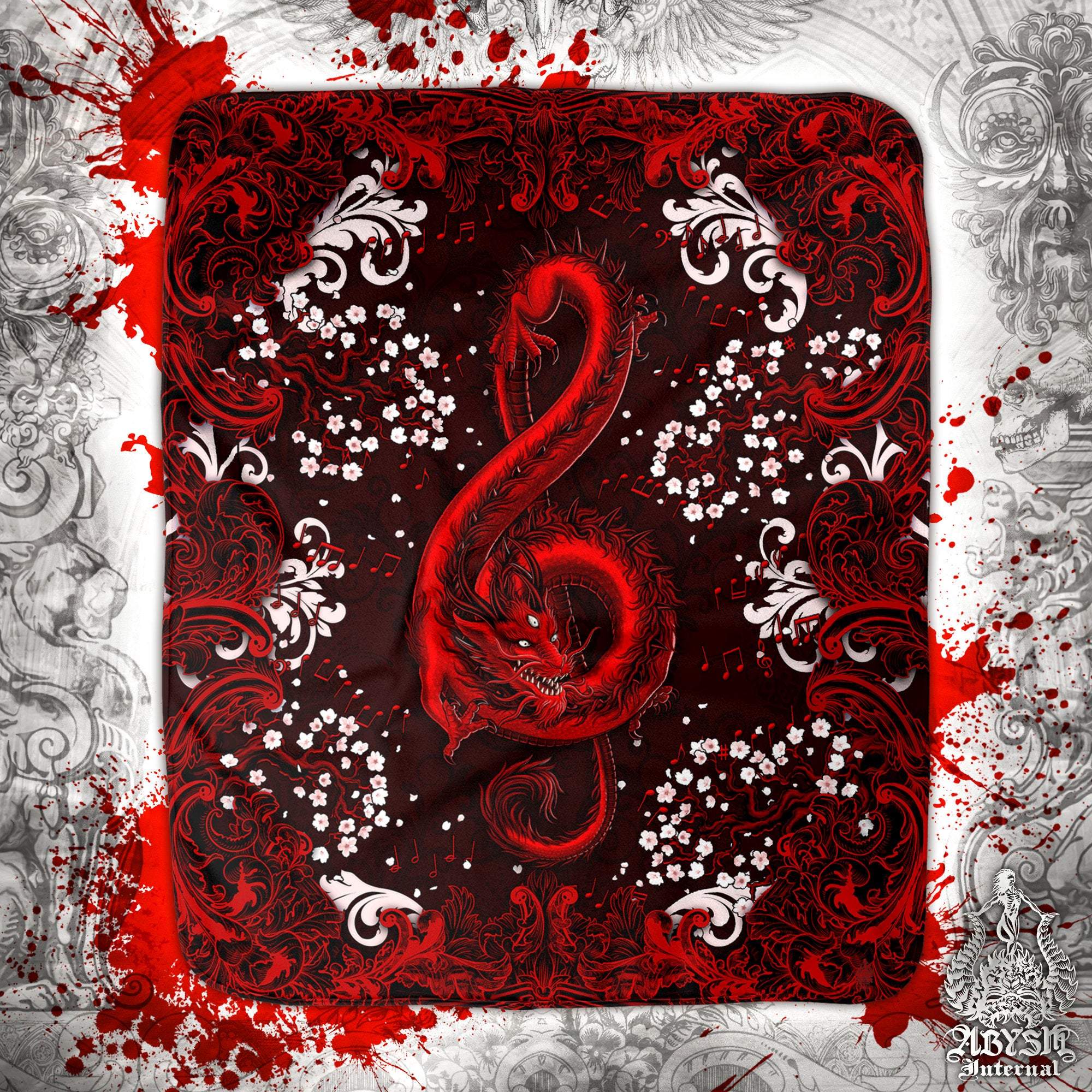Red Dragon Throw Fleece Blanket, Treble Clef, Music Home Decor, Alternative Art Gift - Bloody Black - Abysm Internal
