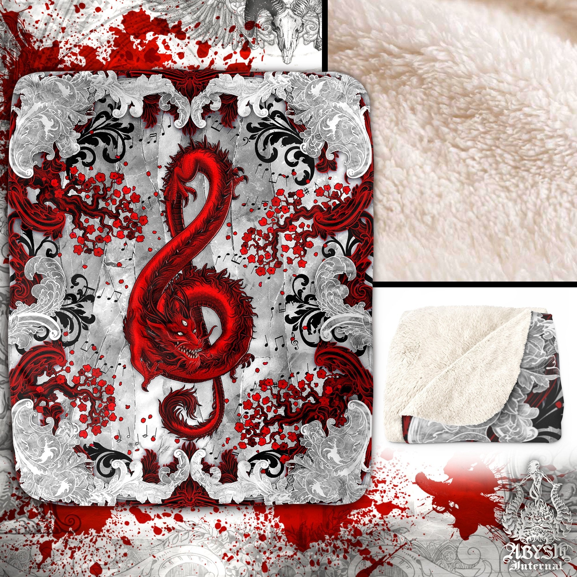Red Dragon Throw Fleece Blanket, Treble Clef, Music Home Decor - Bloody White - Abysm Internal
