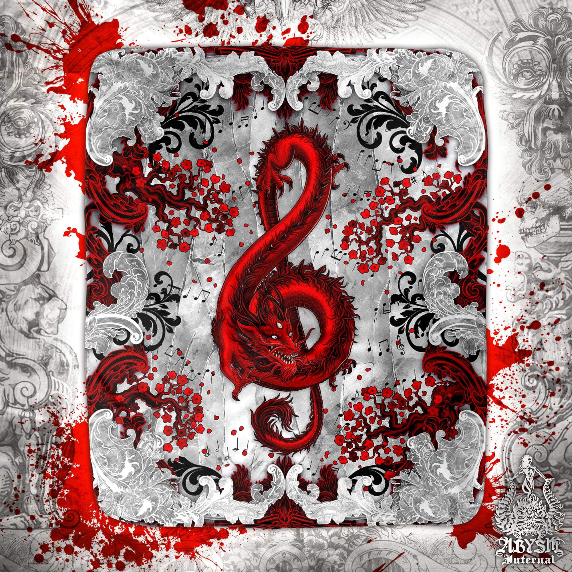 Red Dragon Throw Fleece Blanket, Treble Clef, Music Home Decor - Bloody White - Abysm Internal