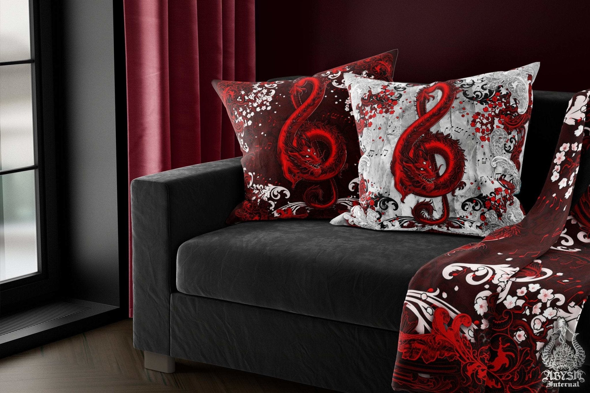 Red Dragon Throw Pillow, Decorative Accent Cushion, Gothic Room Decor, Music Art, Alternative Home - Treble Clef, Bloody Goth, Black - Abysm Internal