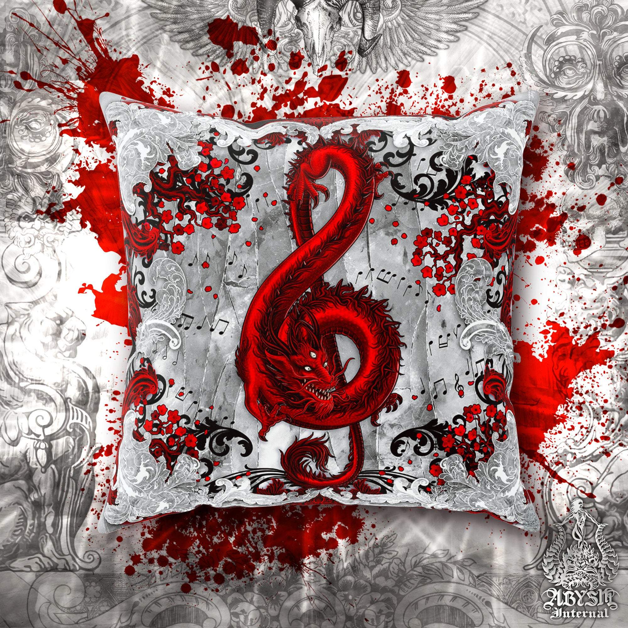 Red Dragon Throw Pillow, Decorative Accent Cushion, Gothic Room Decor, Music Art, Alternative Home - Treble Clef, Bloody White Goth - Abysm Internal