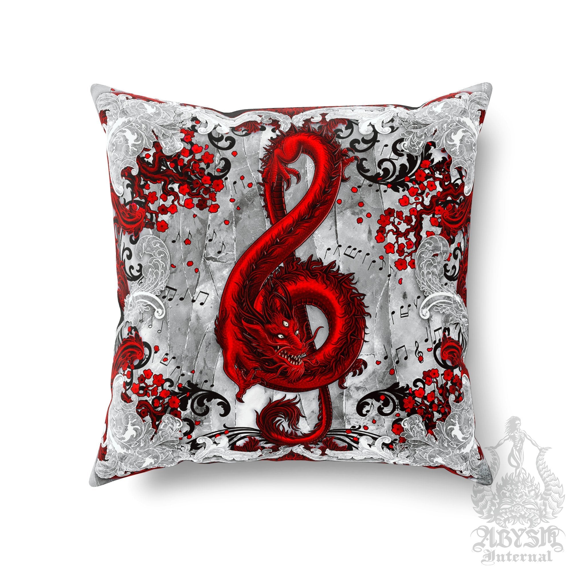 Red Dragon Throw Pillow, Decorative Accent Cushion, Gothic Room Decor, Music Art, Alternative Home - Treble Clef, Bloody White Goth - Abysm Internal