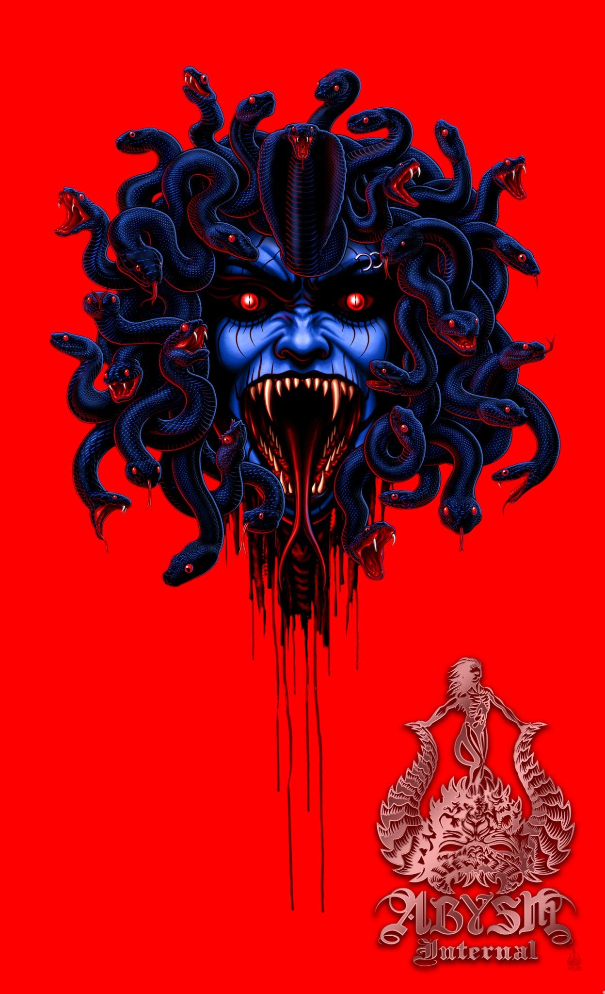 Red Horror Curtains, 50x84' Printed Window Panels, Medusa Art Print, Halloween Room Decor - Gothic Neon, Black Snakes & Skull, 3 Faces - Abysm Internal