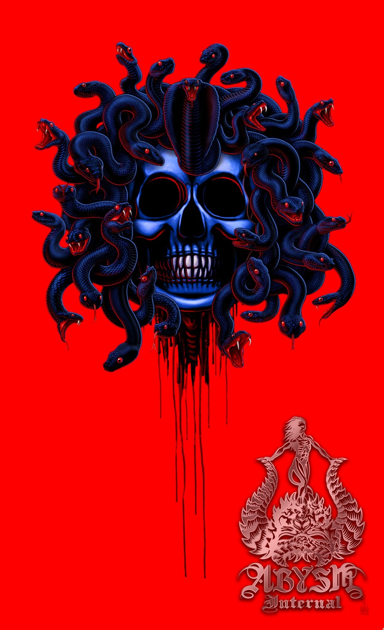 Red Horror Curtains, 50x84' Printed Window Panels, Medusa Art Print, Halloween Room Decor - Gothic Neon, Black Snakes & Skull, 3 Faces - Abysm Internal