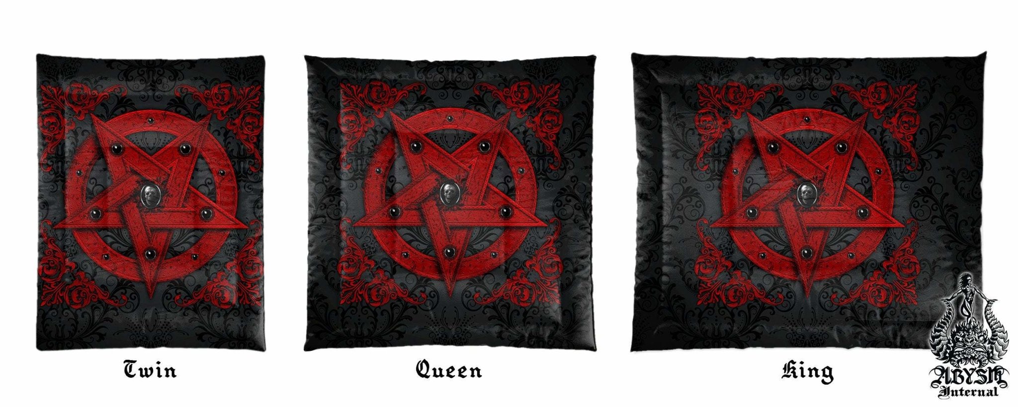 Red Pentagram Bedding Set, Comforter and Duvet, Alternative Bed Cover and Satanic Bedroom Decor, King, Queen and Twin Size - Skull Art - Abysm Internal