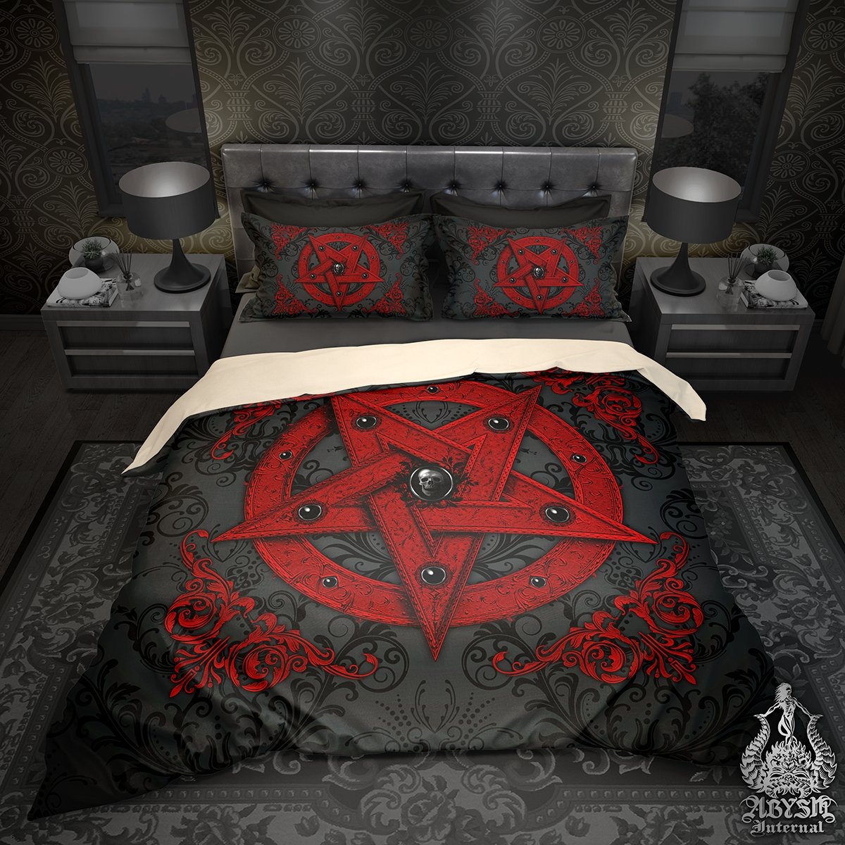 Red Pentagram Bedding Set, Comforter and Duvet, Alternative Bed Cover and Satanic Bedroom Decor, King, Queen and Twin Size - Skull Art - Abysm Internal
