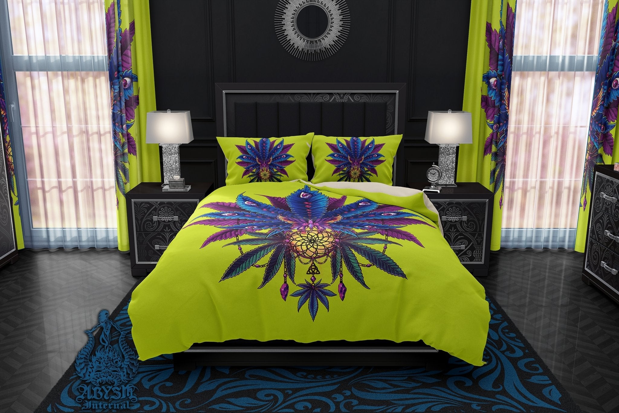 Retro Weed Bedding Set, Comforter and Duvet, Neon Bed Cover and Retrowave Bedroom Decor, King, Queen and Twin Size, Synthwave, Vaporwave 80s Gamer Room Art - Cannabis 420, II - Abysm Internal