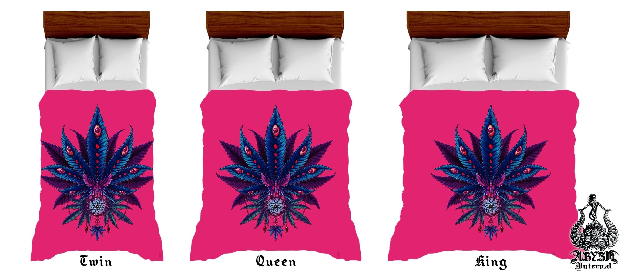 Retro Weed Bedding Set, Comforter and Duvet, Neon Bed Cover and Retrowave Bedroom Decor, King, Queen and Twin Size, Synthwave, Vaporwave 80s Gamer Room Art - Cannabis 420, I - Abysm Internal