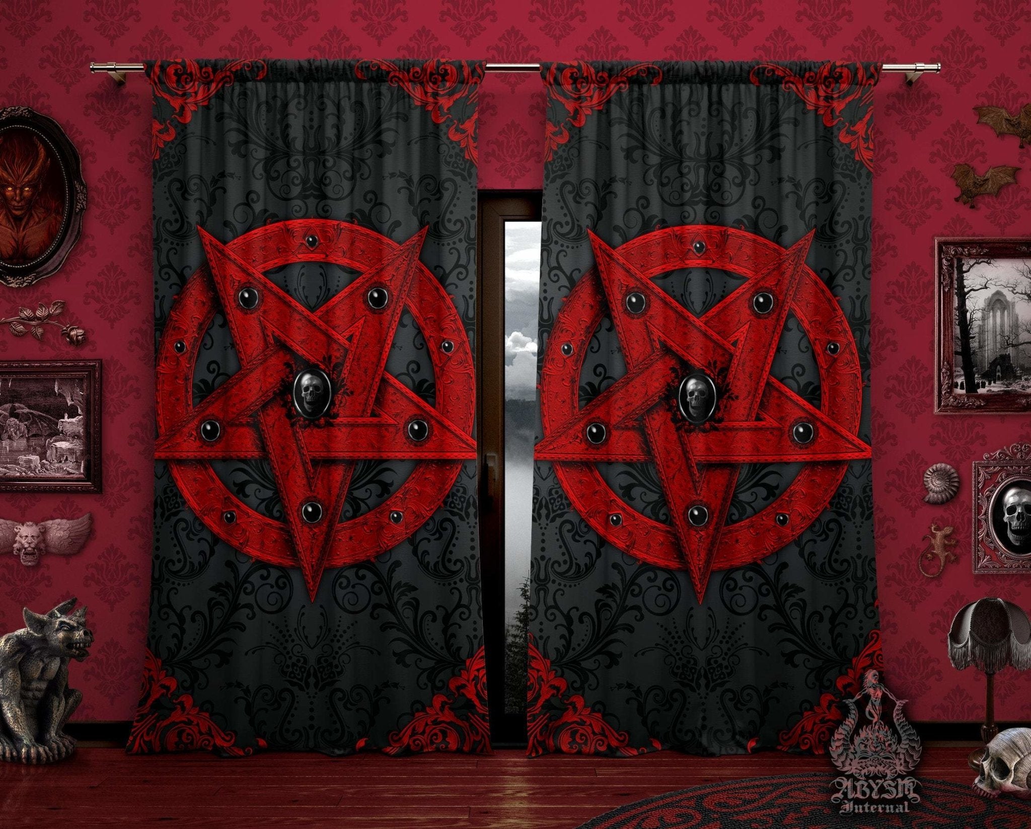 Satanic Blackout Curtains, Red Pentagram, Long Window Panels, Goth Home Decor - Abysm Internal